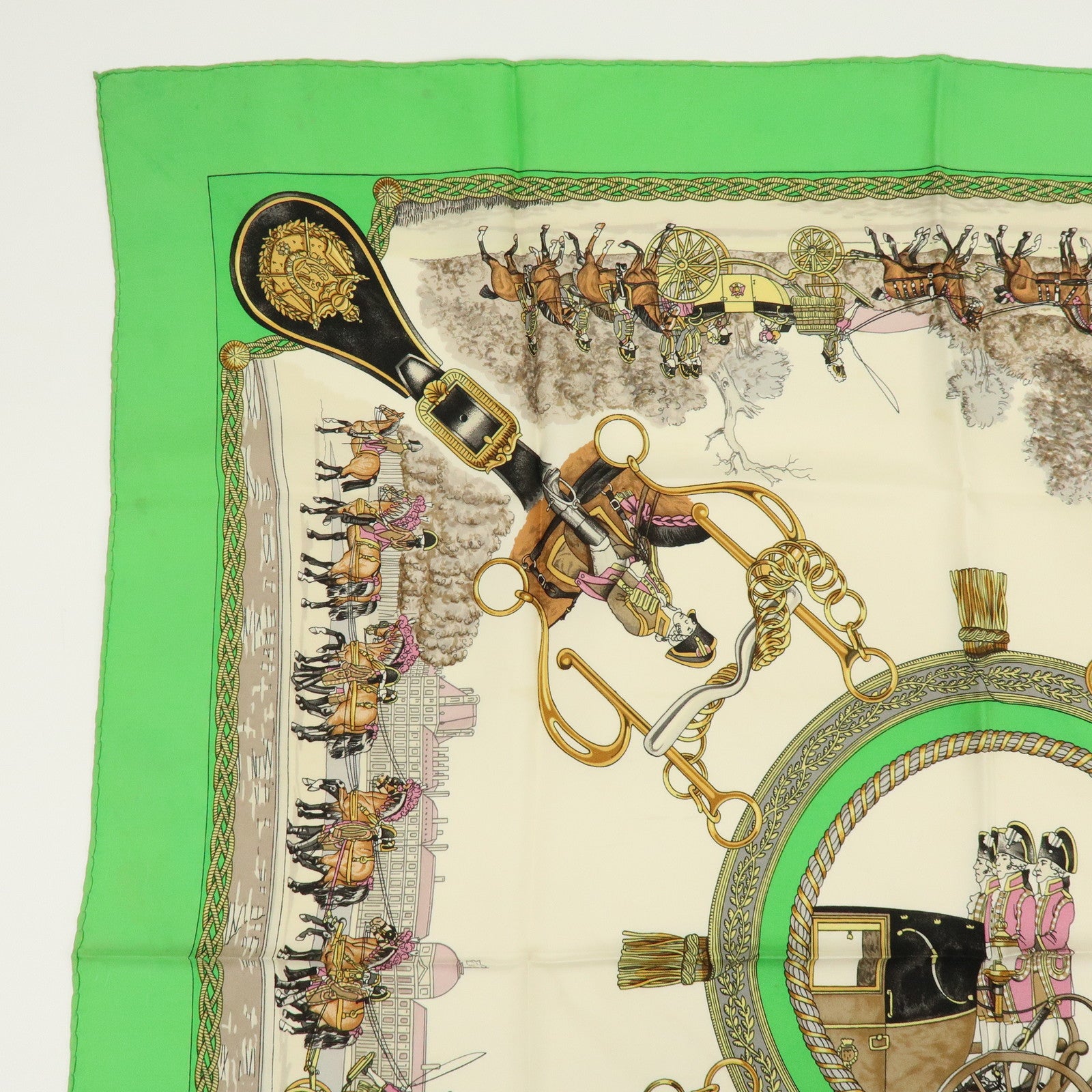 HERMES Carre 90 Silk 100% Scarf GRANDS ATTELAGES Green Pink Gold