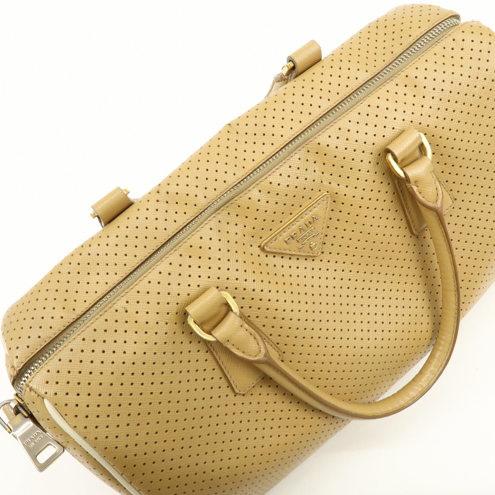 PRADA Triangle Logo Saffiano Leather Punched Boston Bag Beige