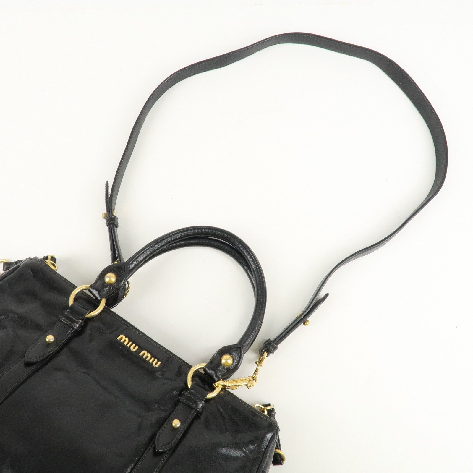 MIUMIU Logo Leather 2 Way Shoulder Bag Hand Bag Gold HDW Black Used