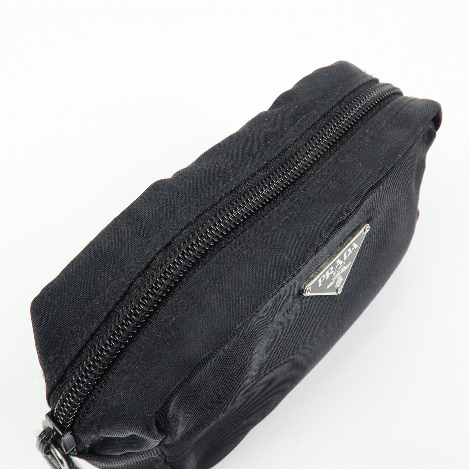 PRADA Triangle Logo Nylon Cosmetic Pouch Makeup Bag Black