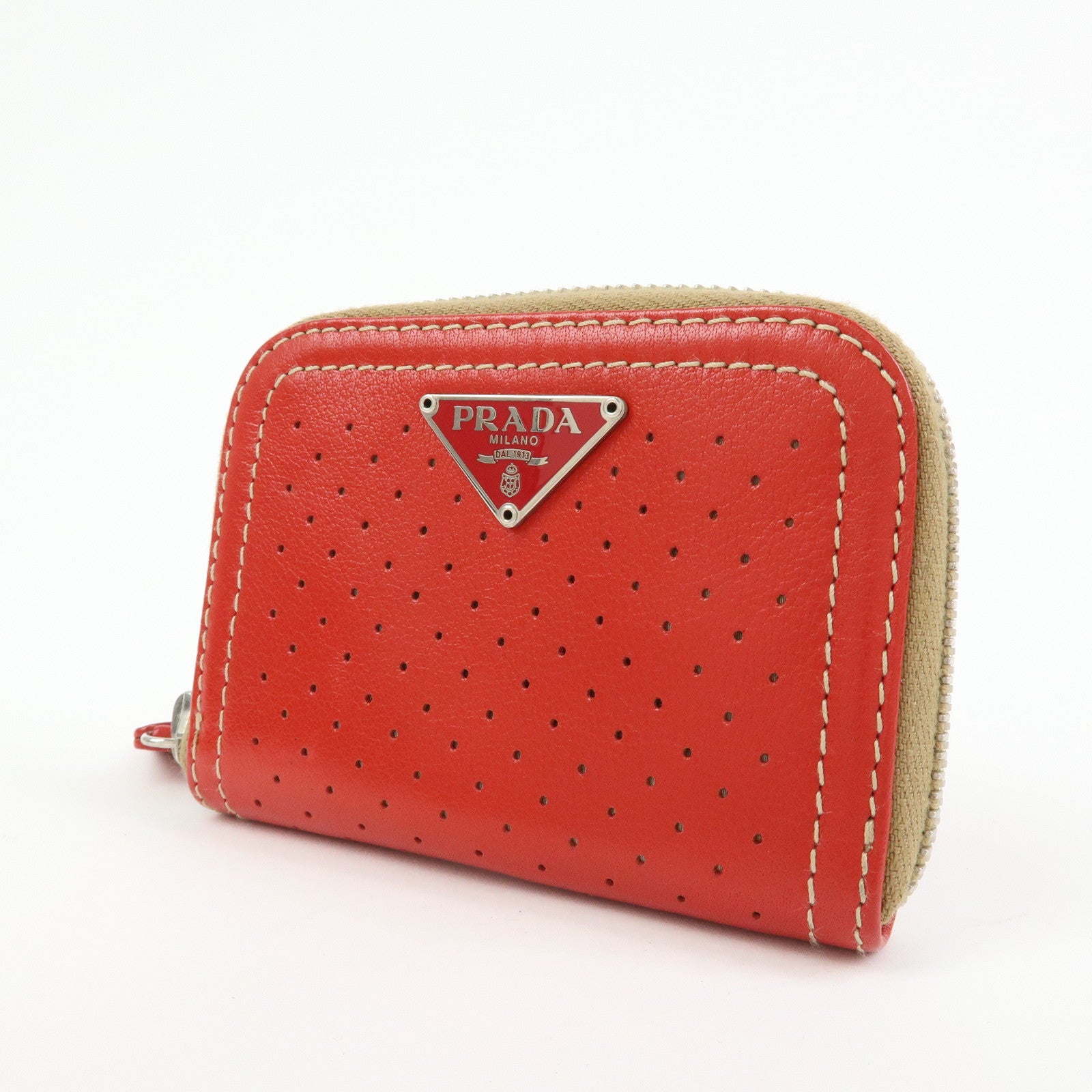 PRADA Triangle Logo Punched Leather Round Zippy Coin Case Red