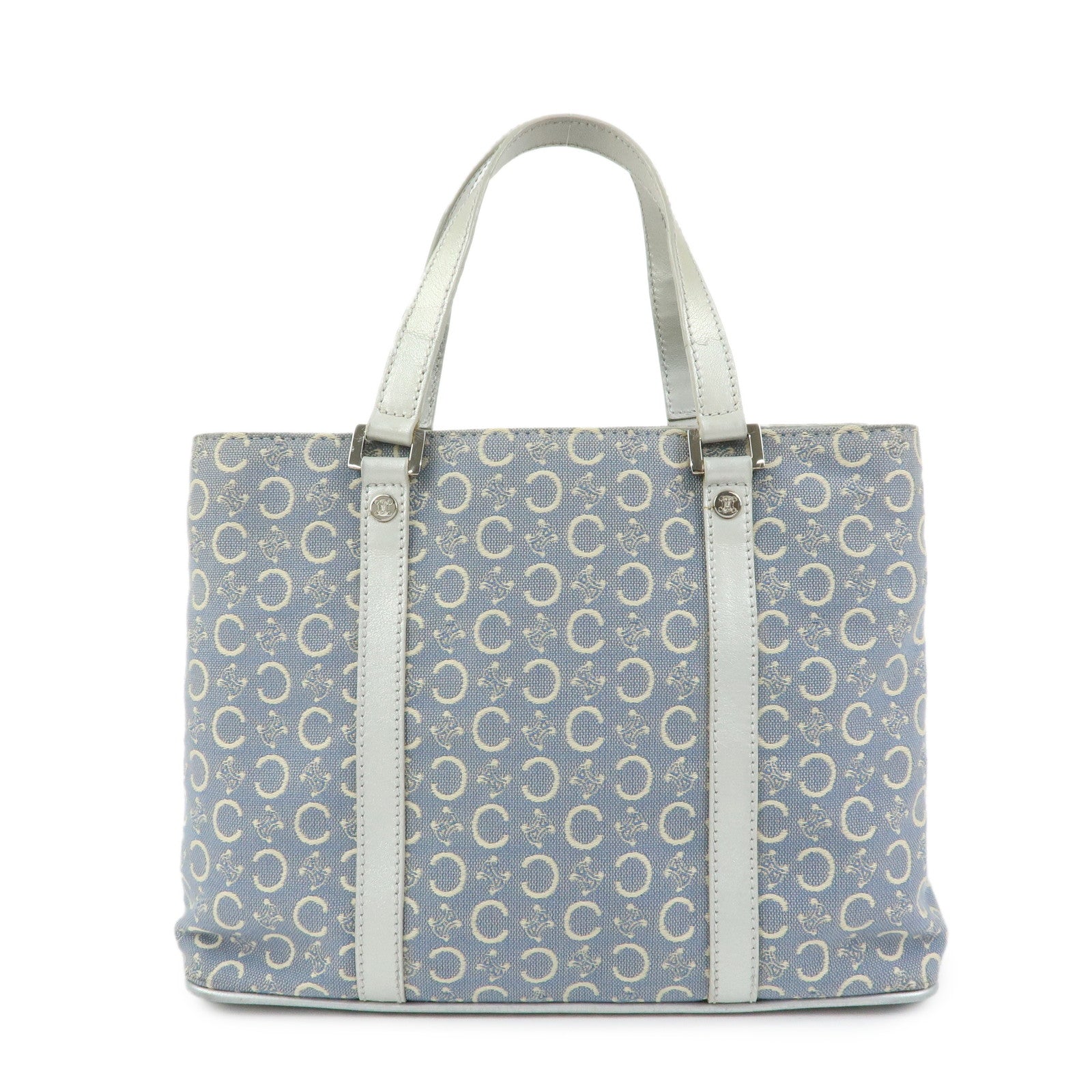 CELINE C Macadam Canvas Leather Tote Bag Hand Bag Light Blue Silver