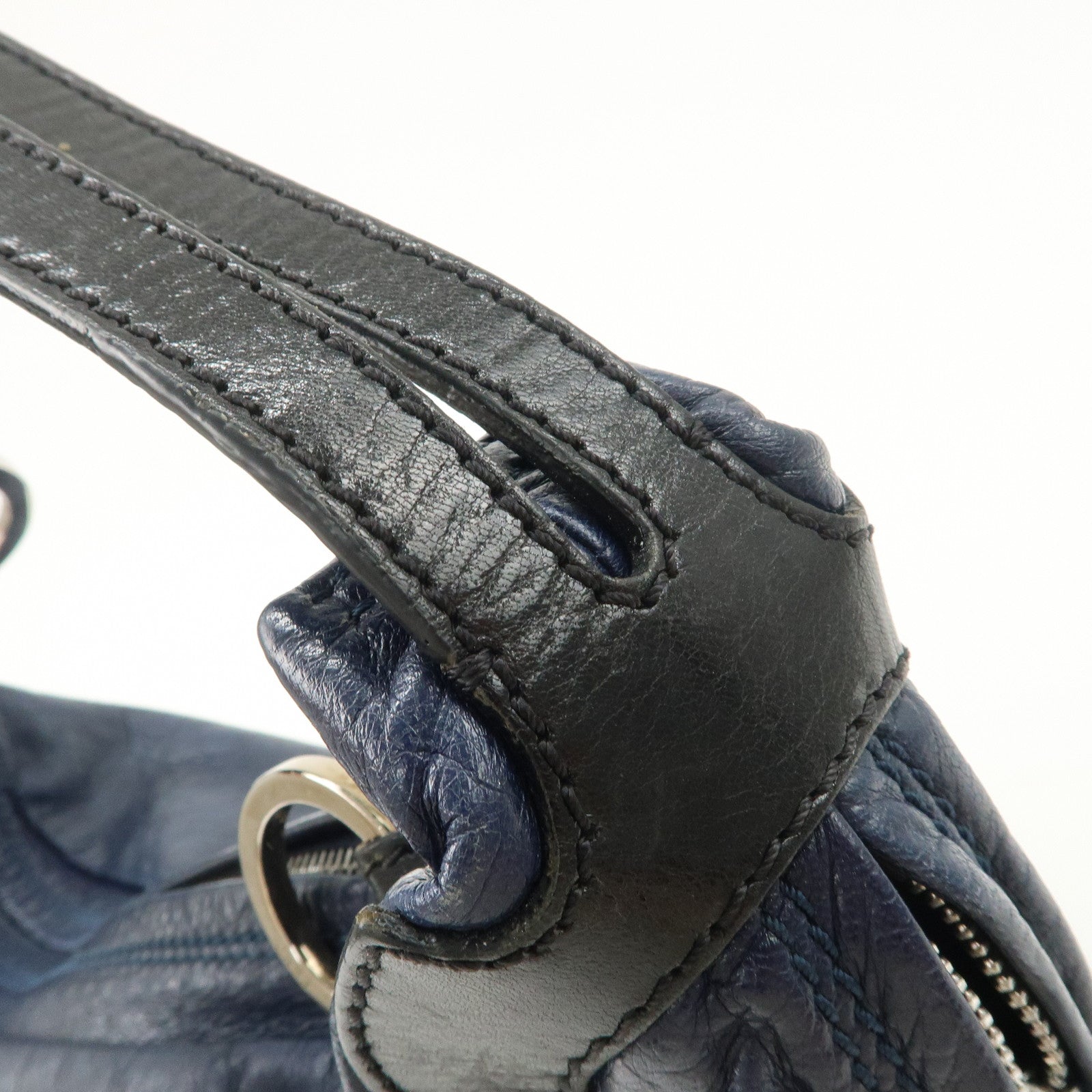 FENDI Leather Shoulder Bag Navy Black Silver HDW 8BR293 Used