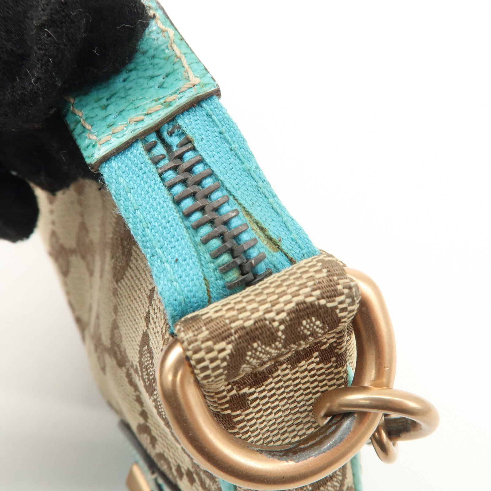 GUCCI GG Canvas Leather Chain Shoulder Bag Beige Turquoise Blue 120940 Used