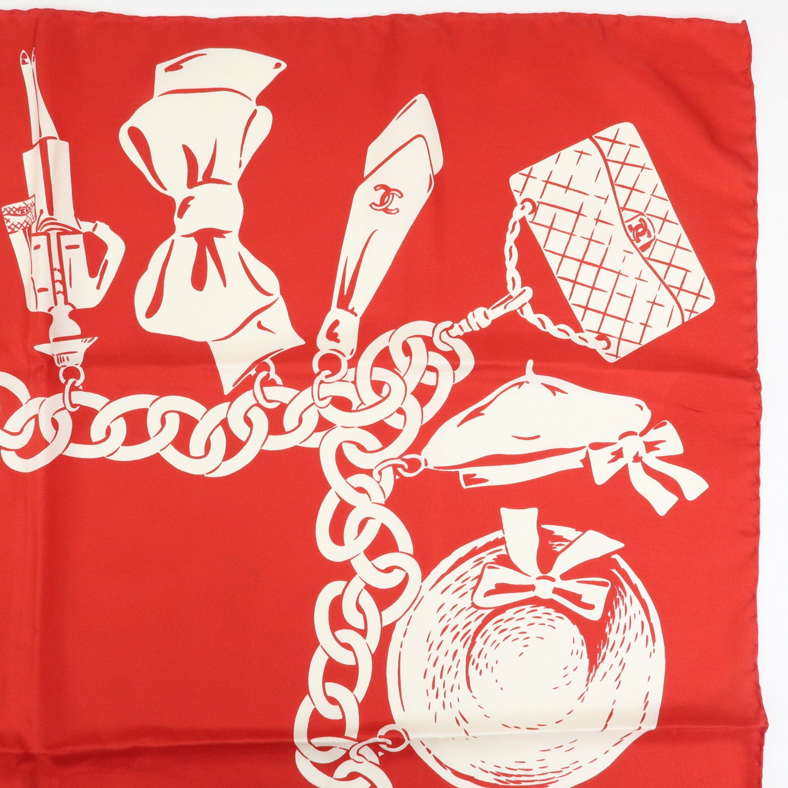 CHANEL Silk 100% Scarf Matelasse Bag Motif Red White