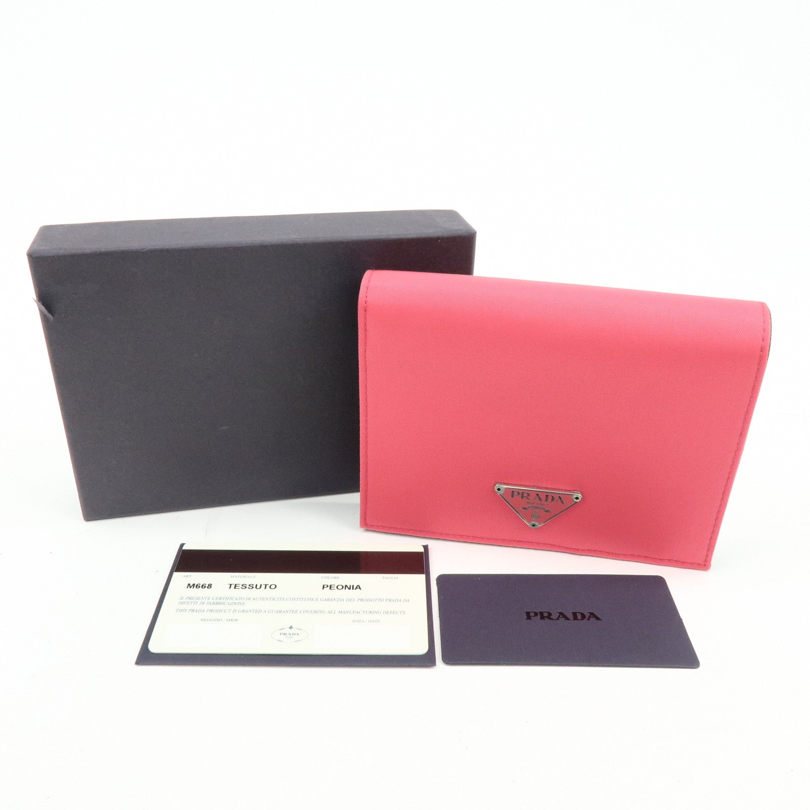 PRADA Triangle Logo Nylon Saffiano Leather Compact Wallet Pink M668