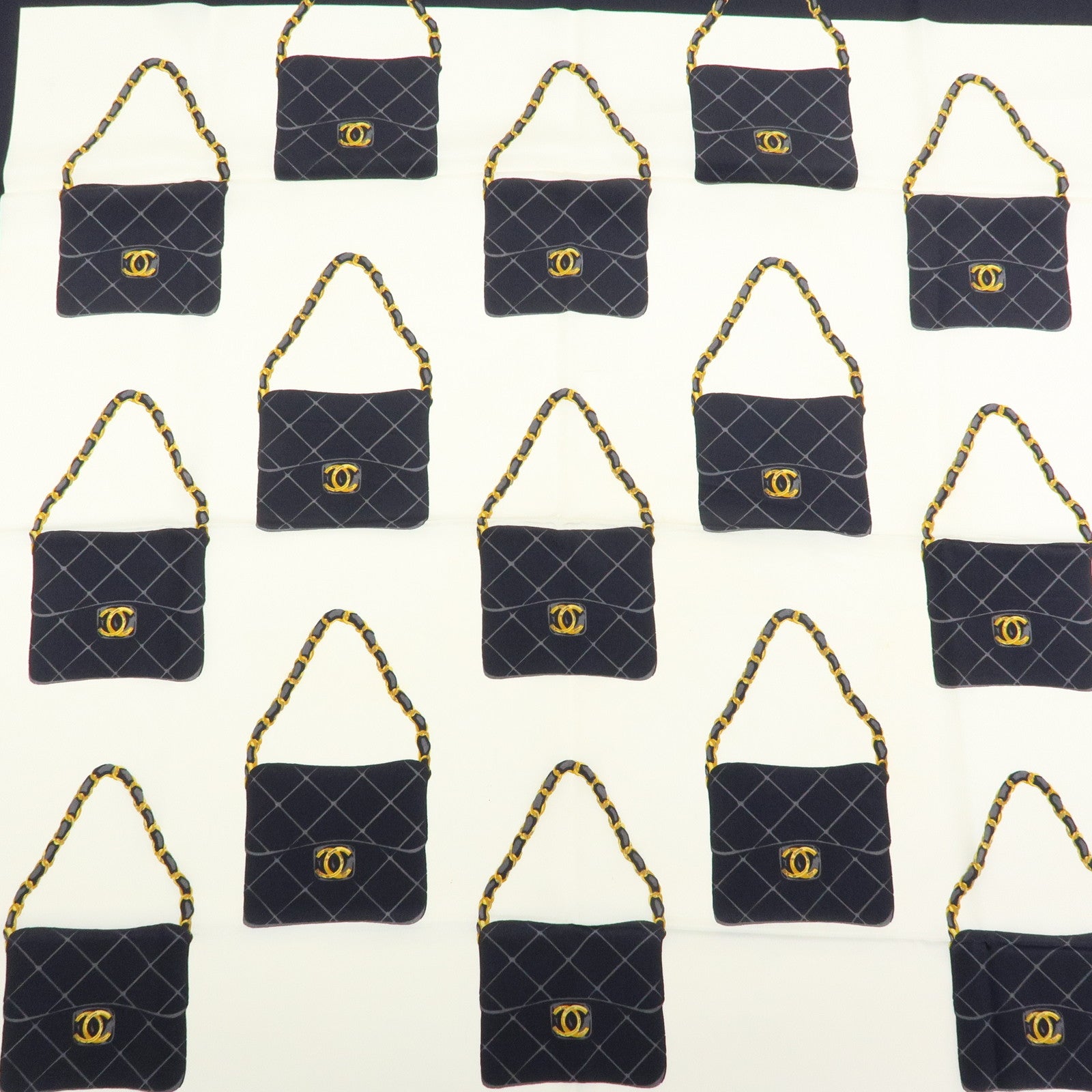 CHANEL Silk 100% Scarf Matelasse Bag Motif 86cm×86cm Black Ivory