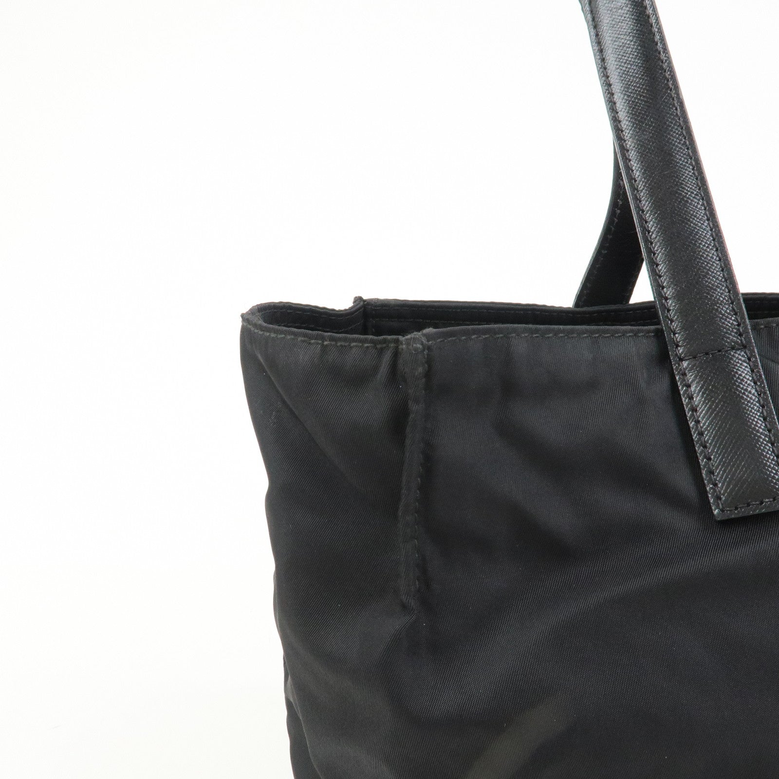 PRADA Triangle Logo Nylon Saffiano Leather Tote Shoulder Bag Black