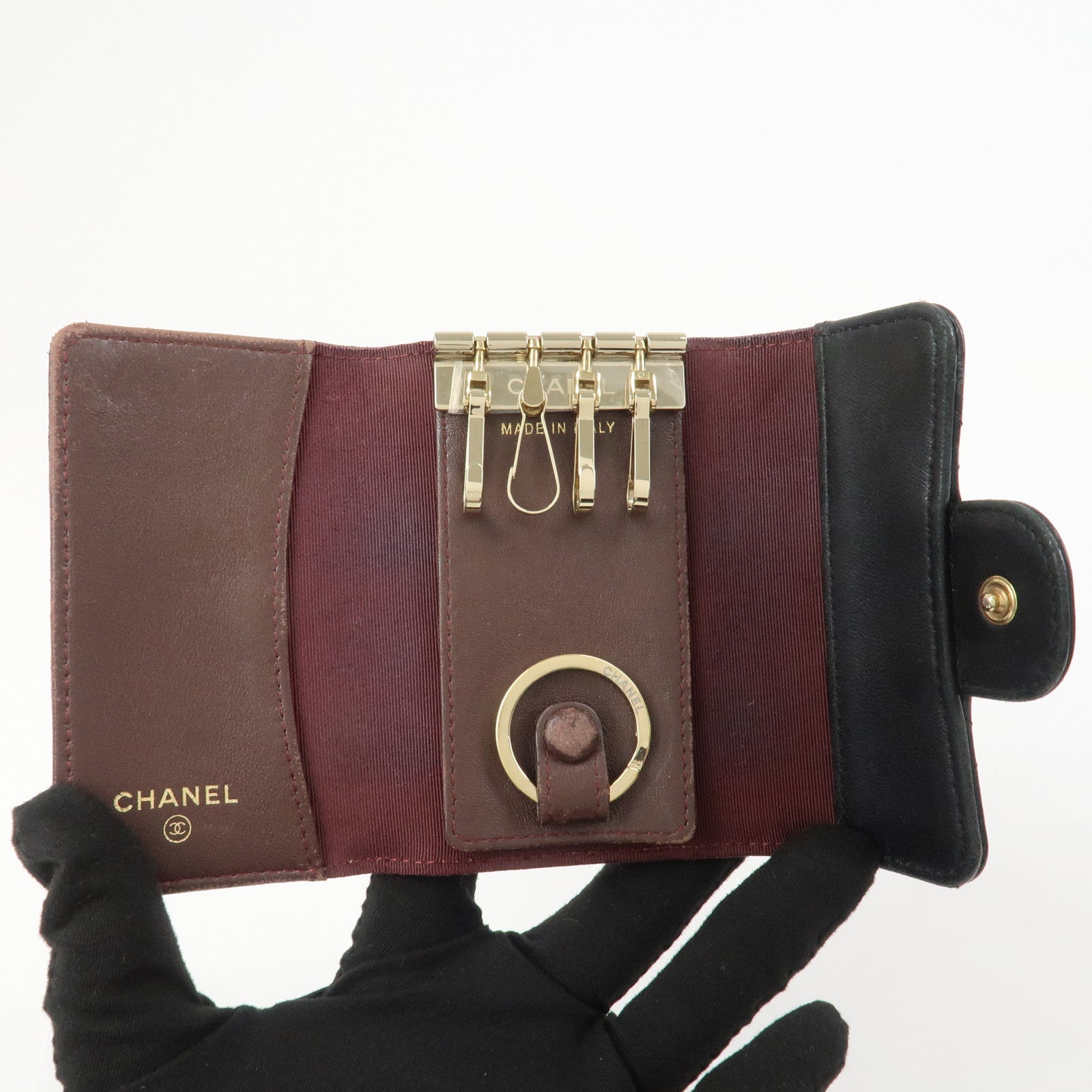CHANEL COCO Mark Lamb Skin 4 Rings Key Case Black Gold AP0222