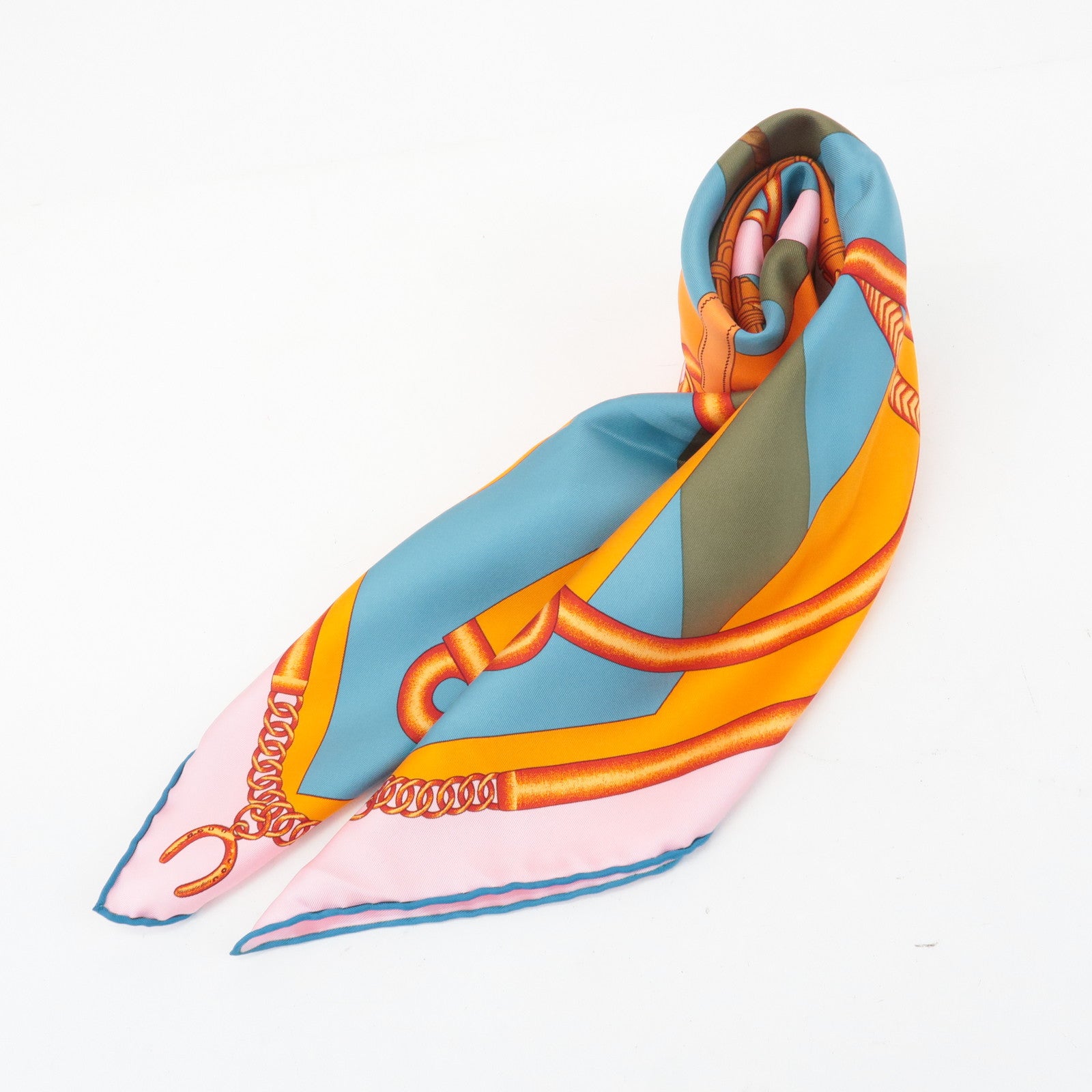 HERMES Carre 90 Silk 100% Scarf PARCOURS SANS FAUTE Orange Blue Used