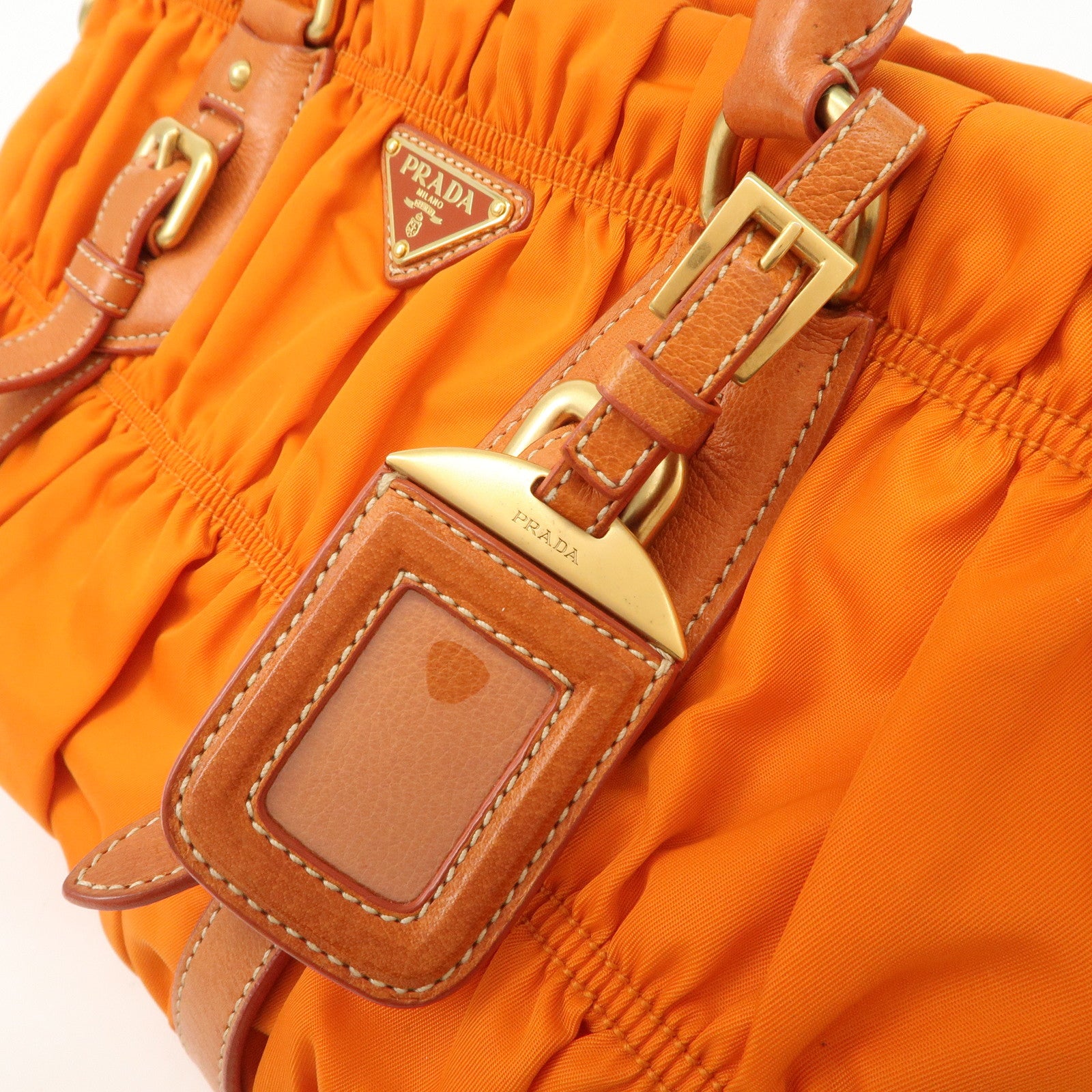 PRADA Triangle Logo Nylon Leather 2Way Bag Hand Bag Orange BN1407 Used