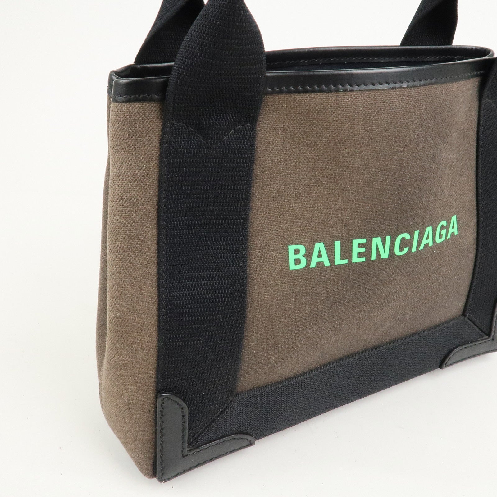 BALENCIAGA Canvas Leather Navy Cabas XS Hand Bag Brown 390346