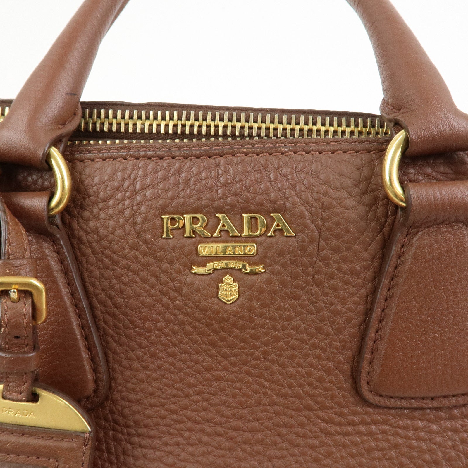 PRADA Logo Leather Hand Bag Tote Bag Brown