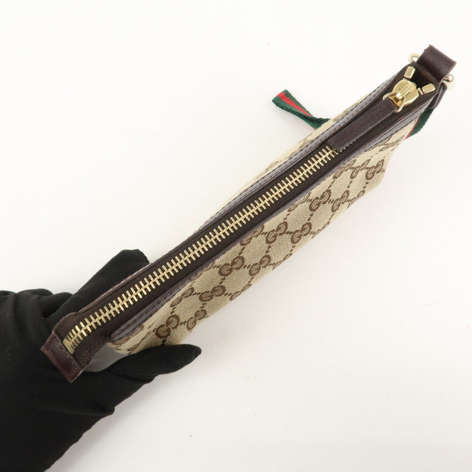 GUCCI Sherry GG Canvas Leather Pouch Hand Bag Beige Brown 152507