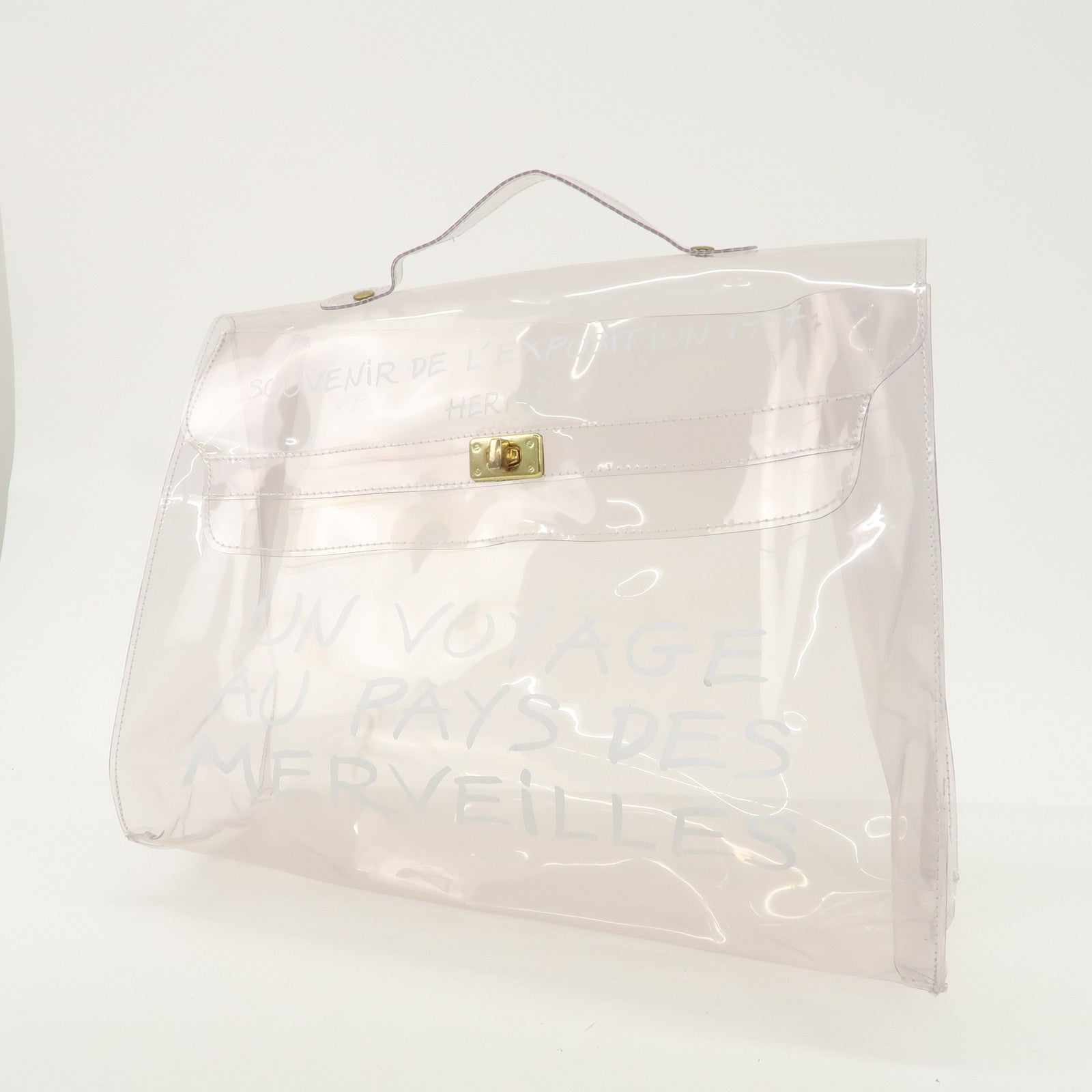 HERMES Kelly Vinyl Hand Bag Clear Transparent Gold Hardware Used