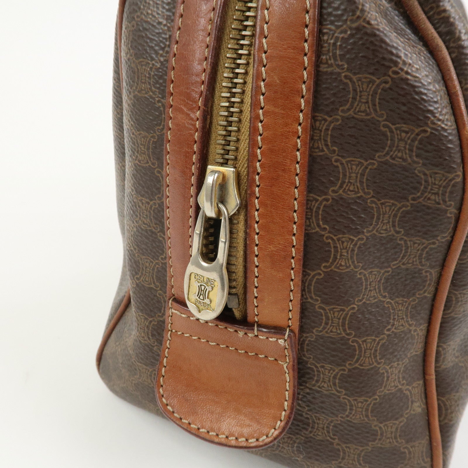 CELINE Macadam PVC Canvas Leather Boston Bag Hand Bag Brown