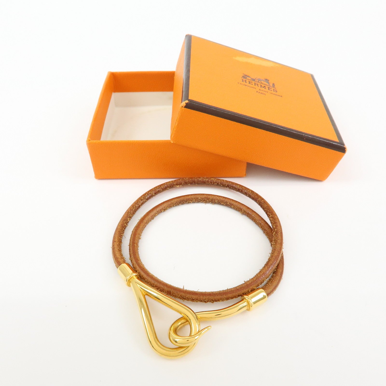 HERMES Jumbo Hook Double Tour Leather Choker Bracelet Brown Gold
