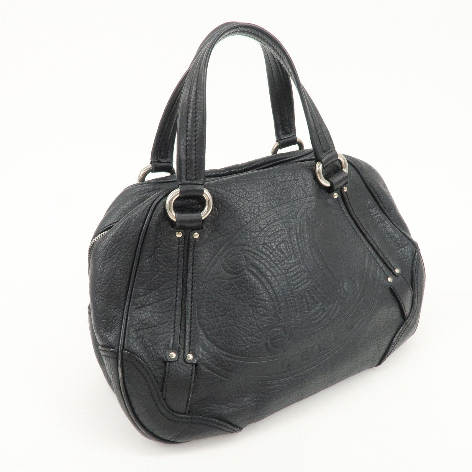 CELINE Leather Boston Bag Hand Bag Black Silver Hardware Used