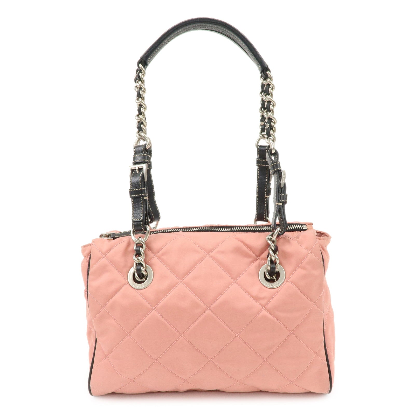 PRADA Triangle Logo Leather Nylon Shoulder Bag Tote Bag Pink BR2236 Used