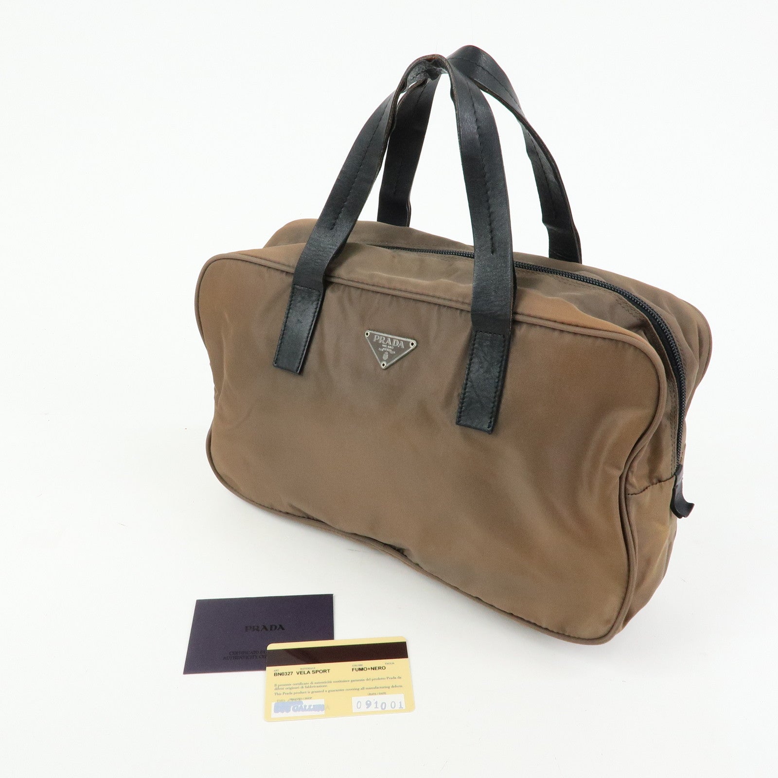 PRADA Triangle Logo Nylon Leather Hand Bag Brown Black