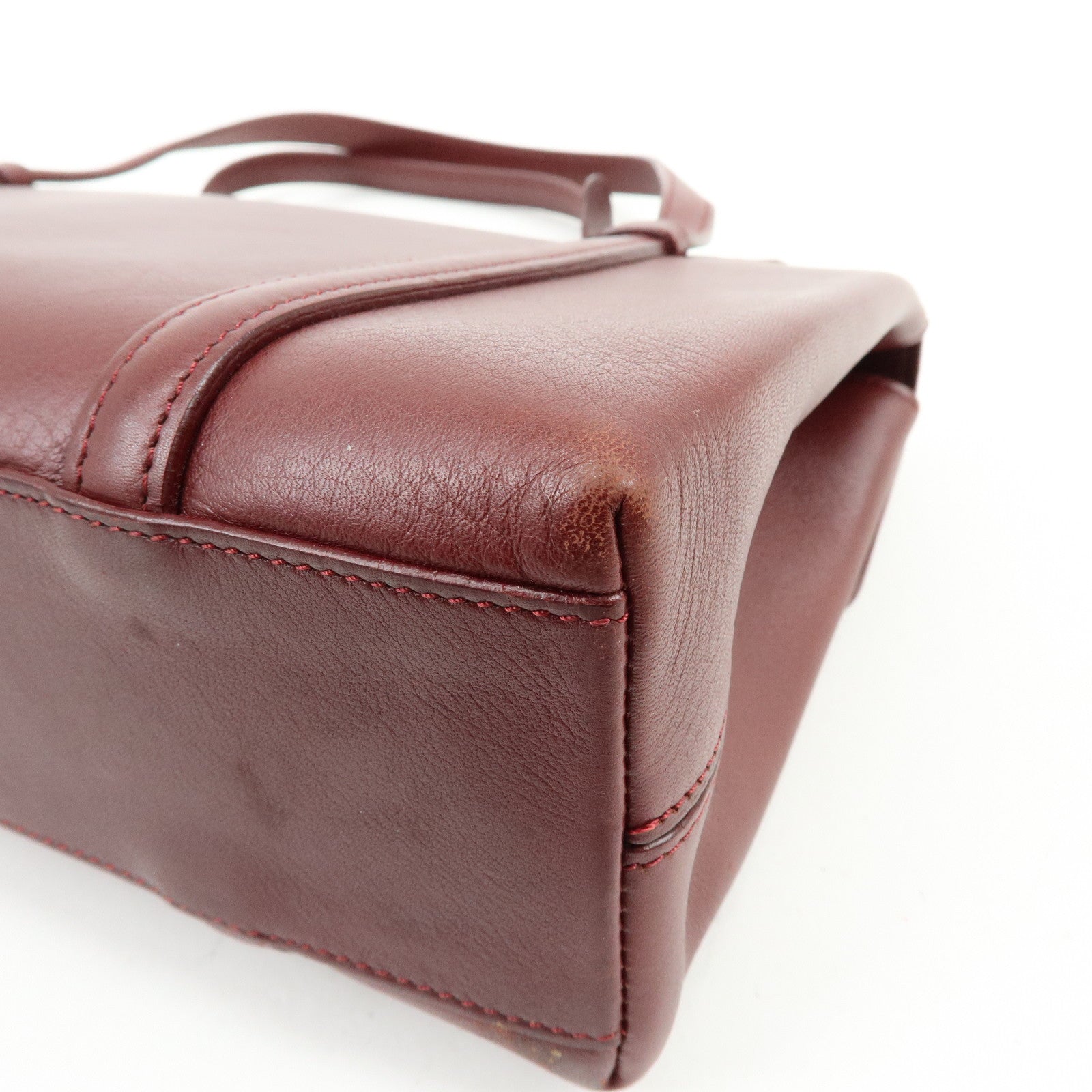 Cartier Cabochon Leather Hand Bag Tote Bag Wine Red