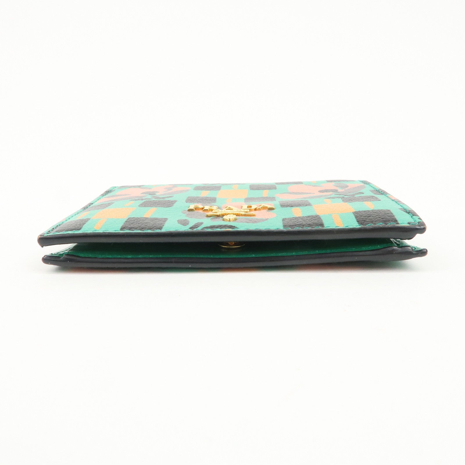 PRADA Leather Compact Wallet Floral Print Green Gold HDW 1MV204 Used