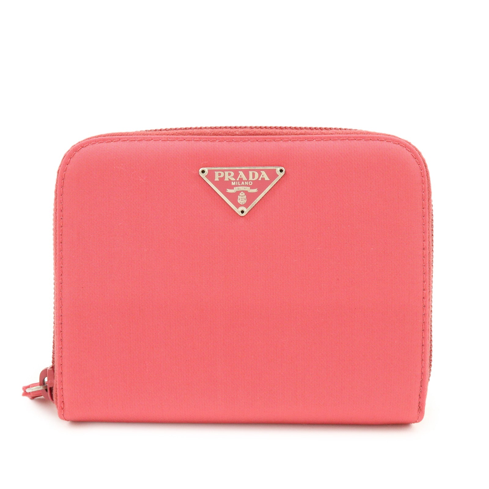 PRADA Triangle Logo Nylon Leather Round Zippy Compact Wallet Pink