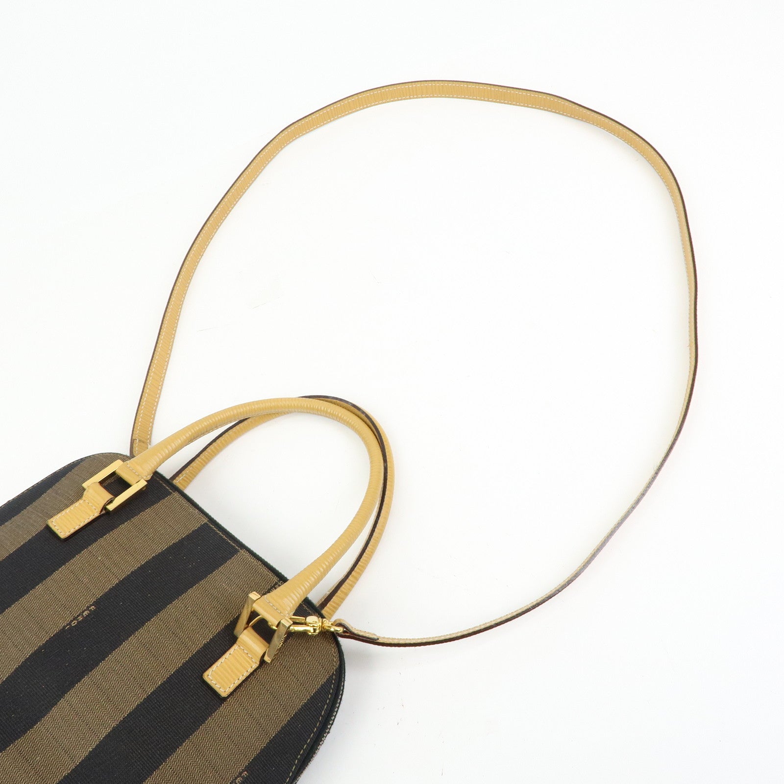 FENDI Pequin Canvas Leather 2Way Bag Hand Bag Shoulder Bag Brown