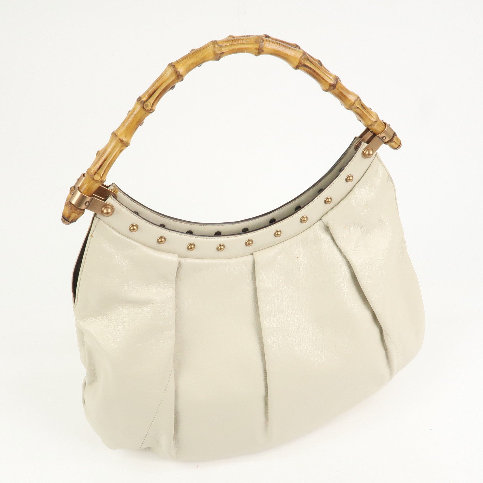 GUCCI Bamboo Leather Tucked Shoulder Bag Hand Bag Ivory 124293