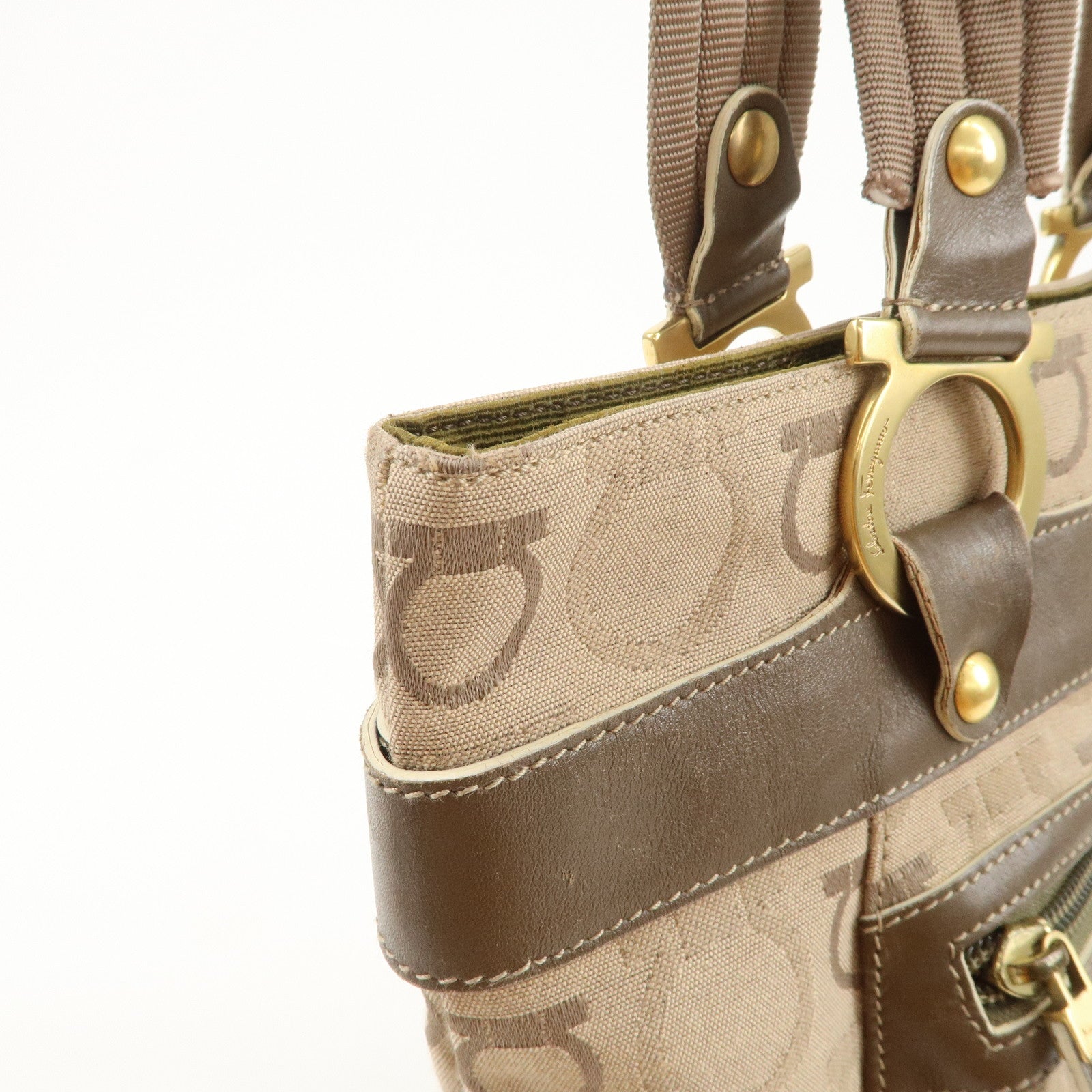 Ferragamo Gancini Canvas Leather Shoulder Bag Tote Bag Brown