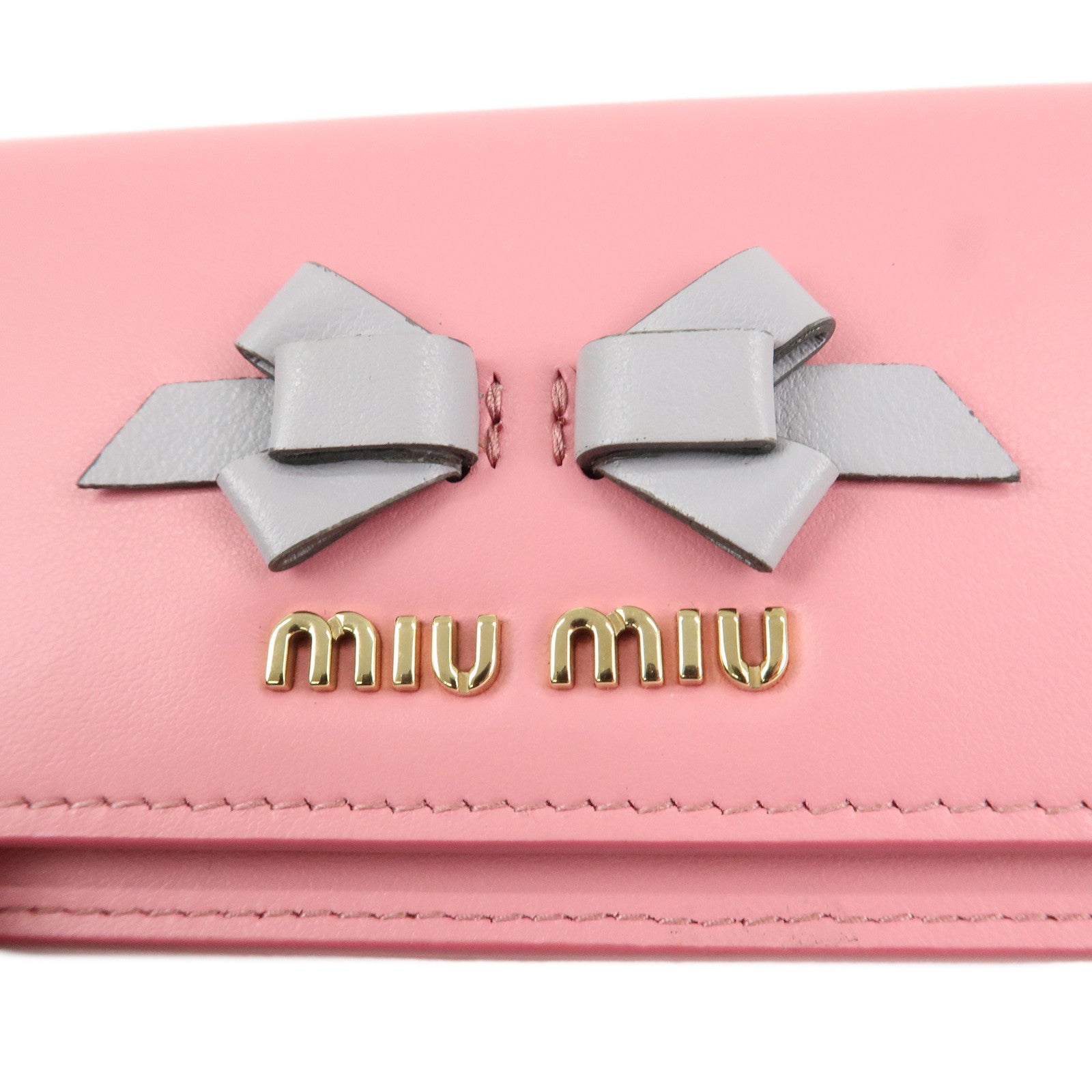 MIU MIU Leather Ribbon Bifold Card Case Pink Gray 5MBC011 Used