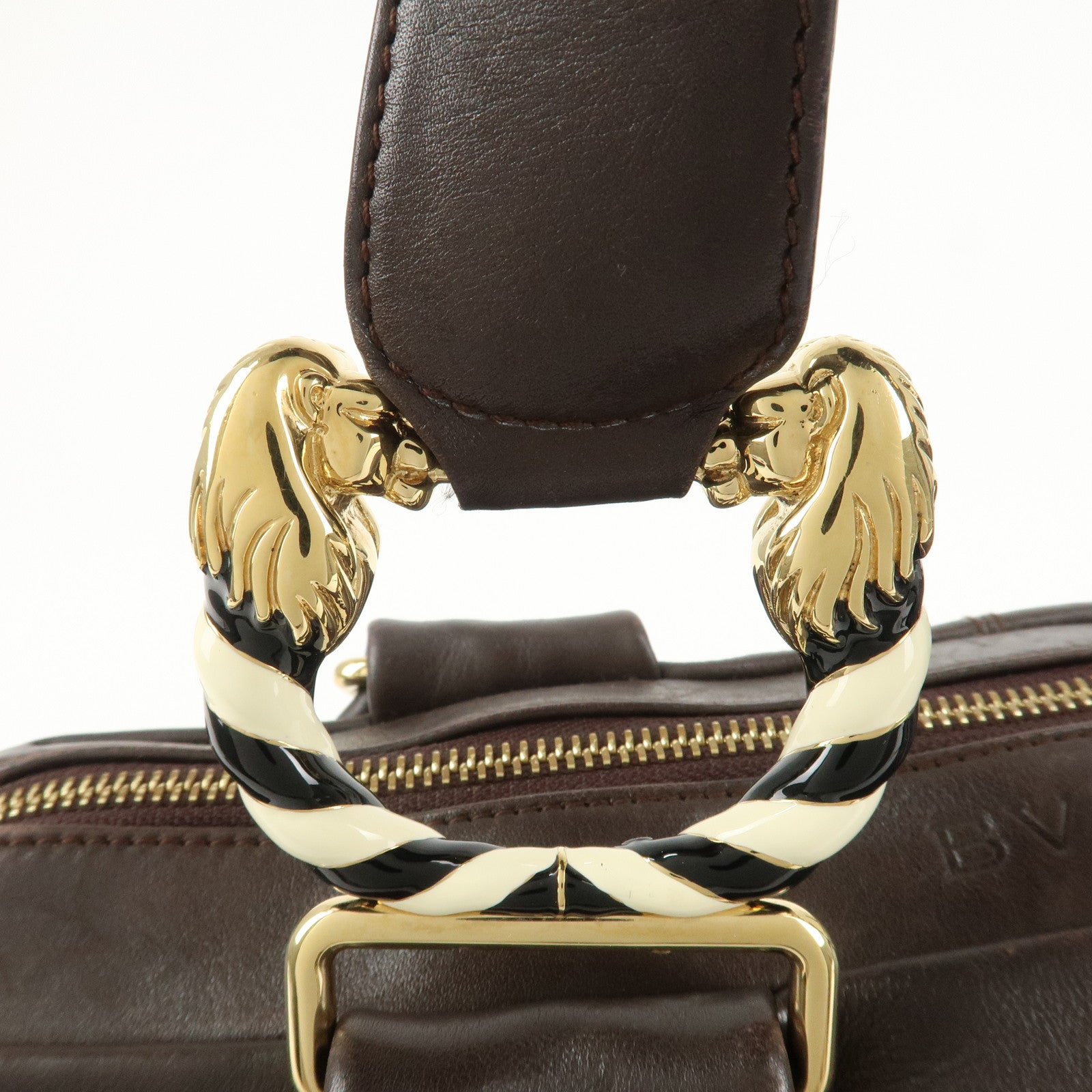 BVLGARI Leoni Leather Hand Bag Boston Bag Brown Gold Hardware Used