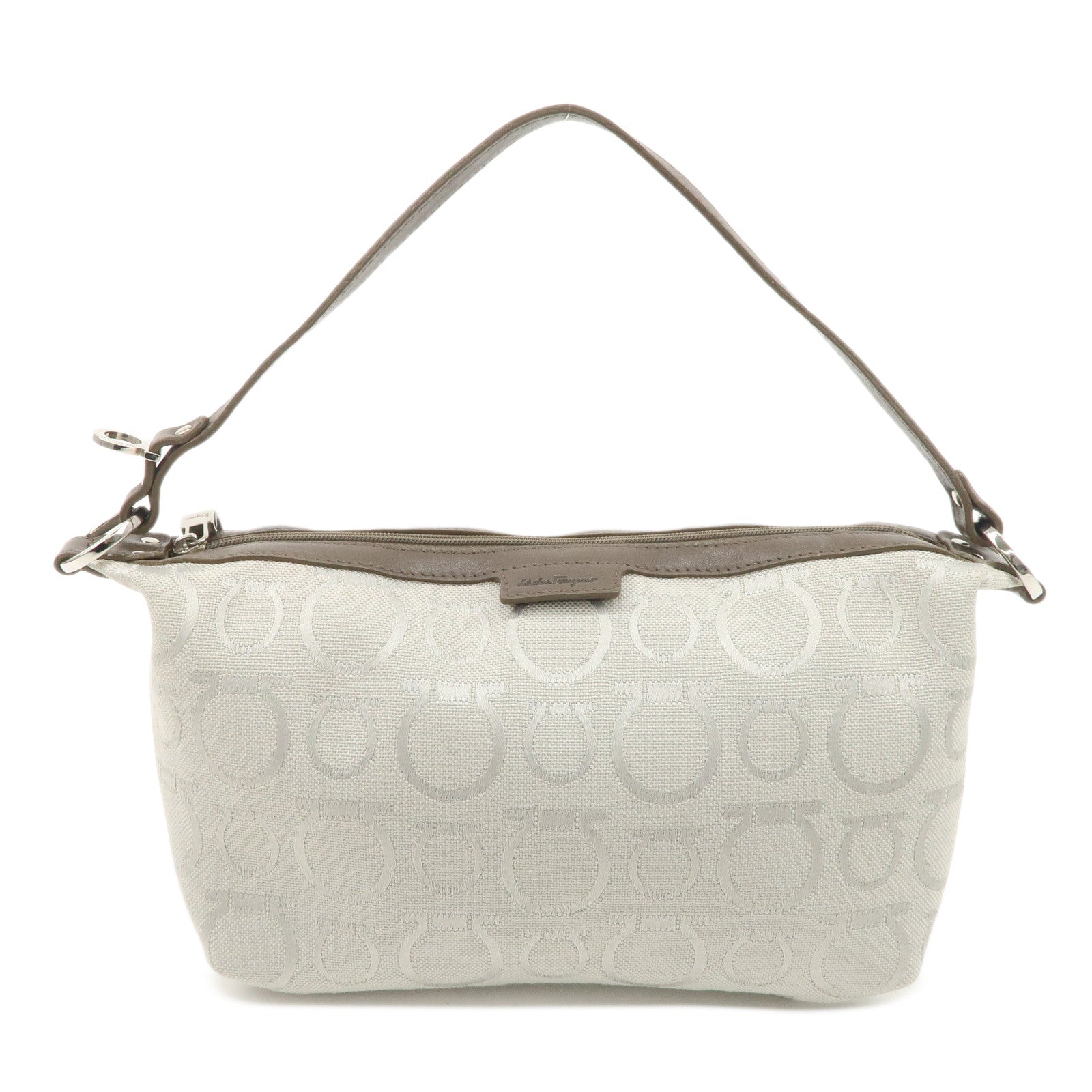 Ferragamo Gancini Leather Canvas Shoulder Bag Brown Silver Used