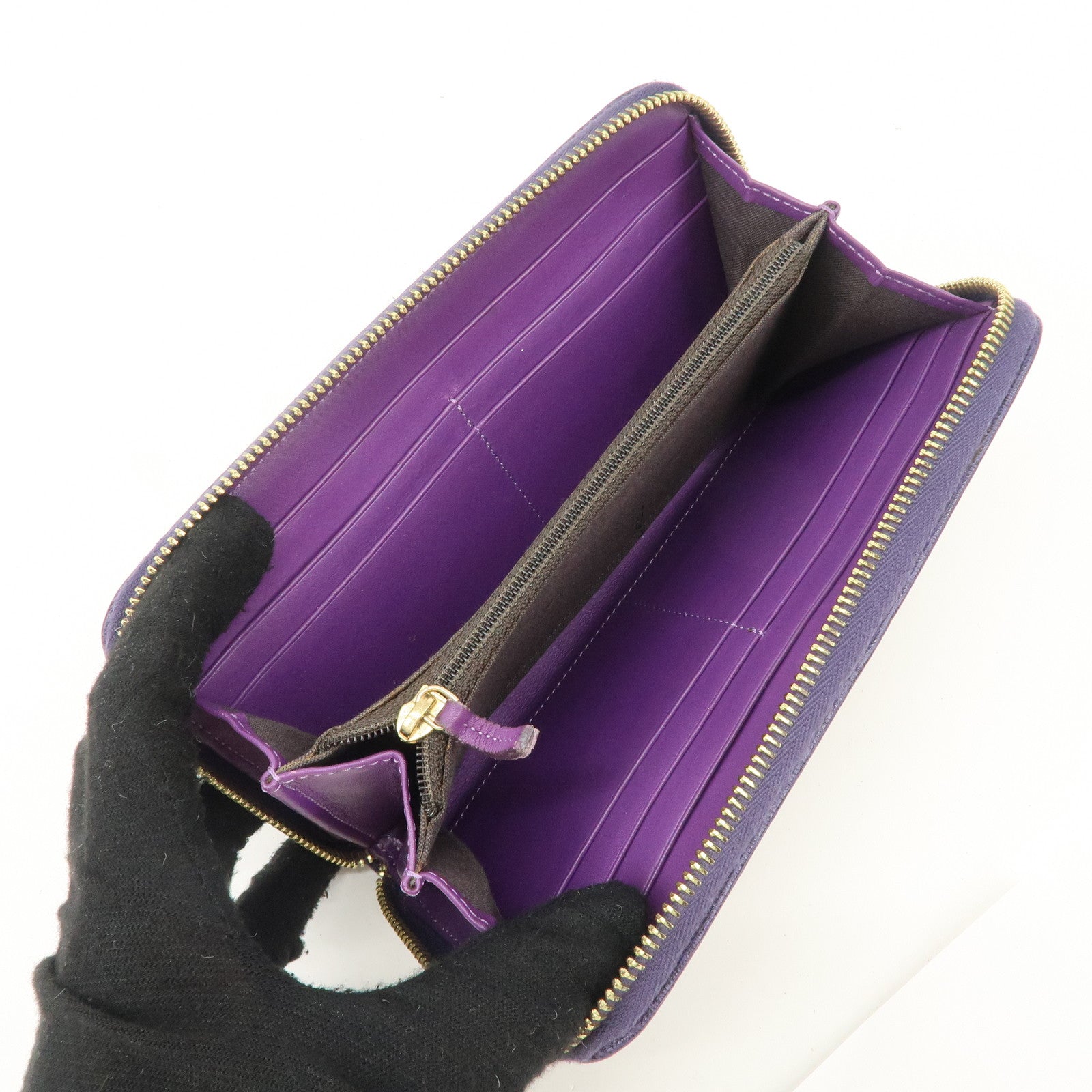 FENDI Zucchino Canvas Leather Round Zippy Long Wallet Brown Purple 8M0024 Used