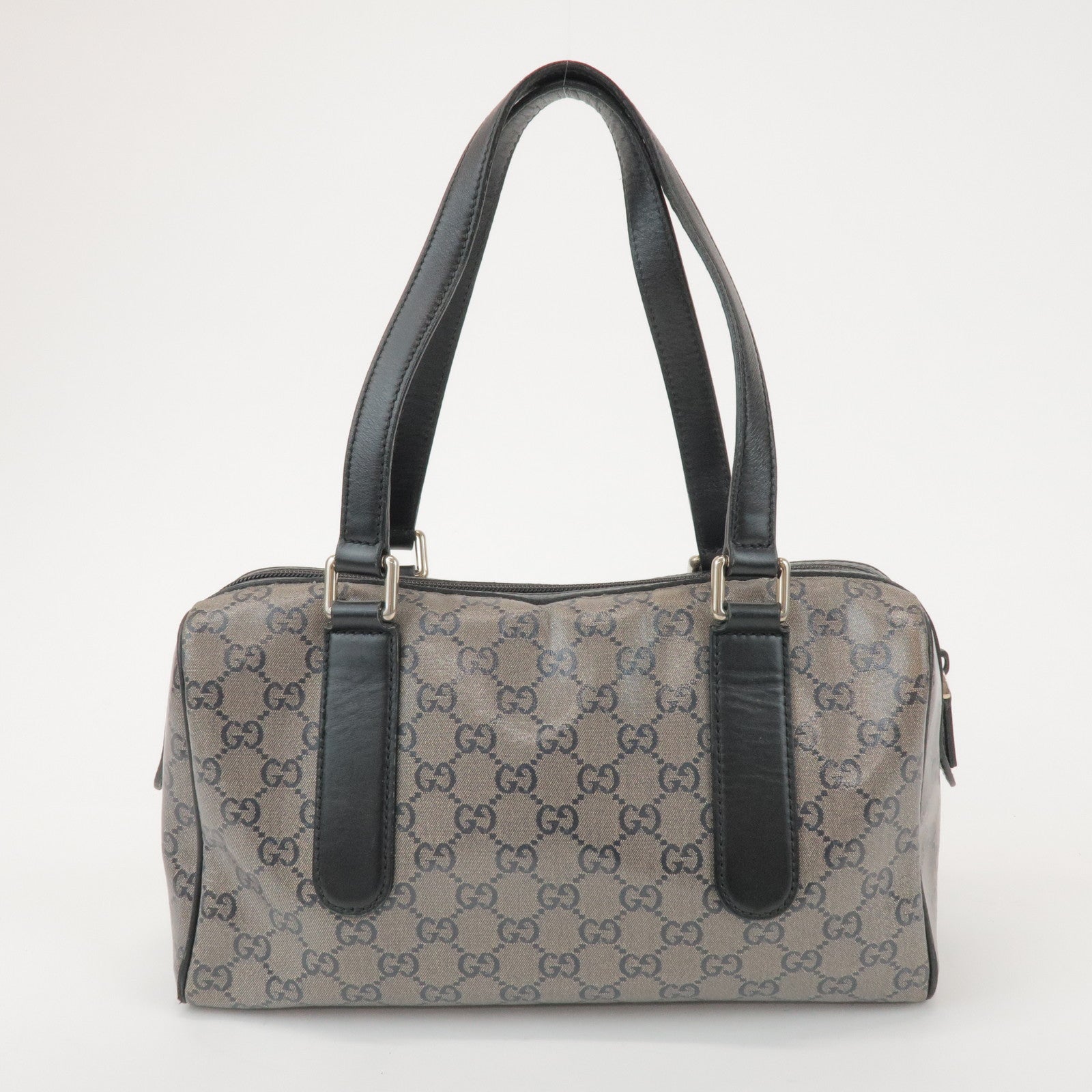 GUCCI GG Crystal Leather Boston Bag Hand Bag Silver Black 257289