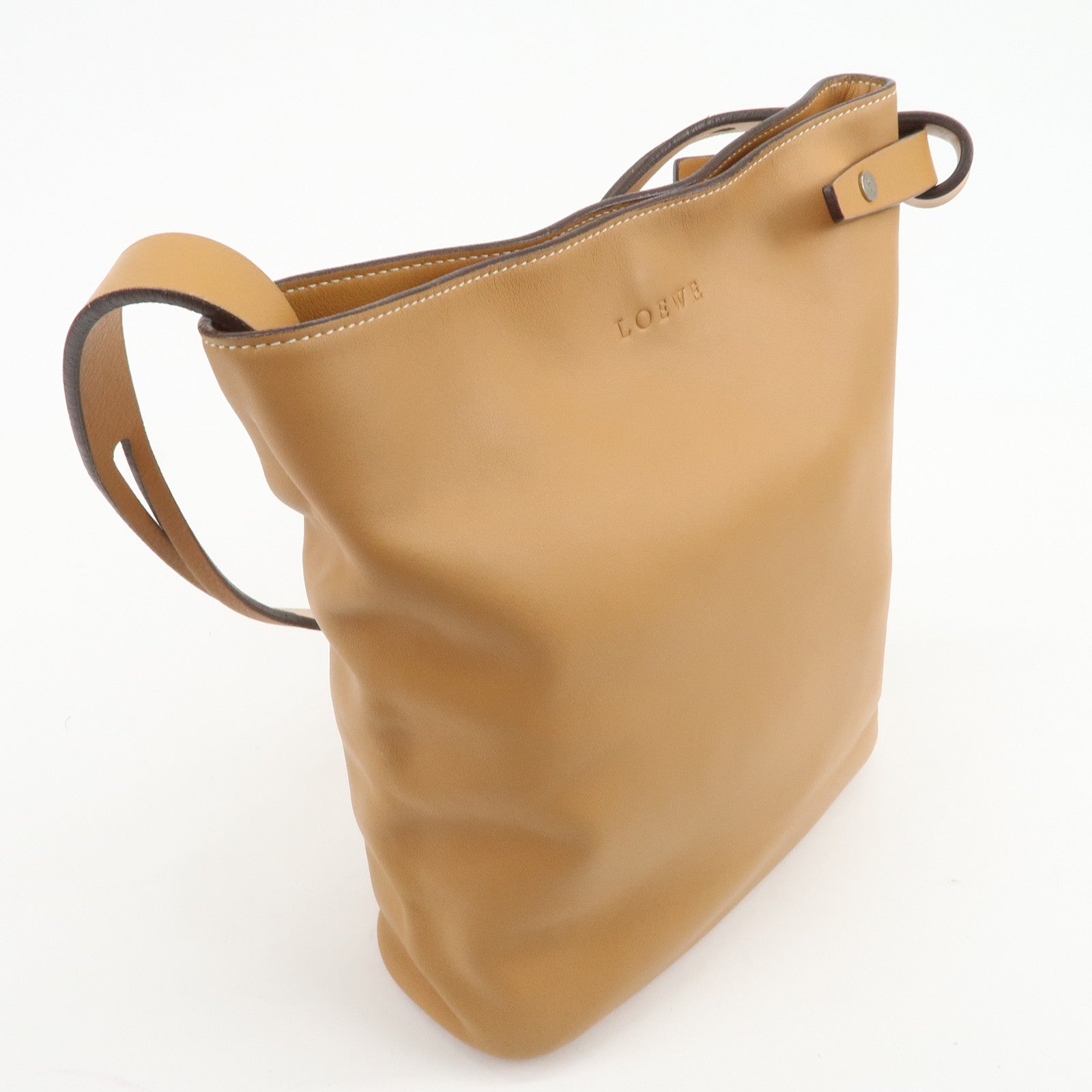 LOEWE Logo Leather Shoulder Bag Hand Bag Tote Bag Light Brown