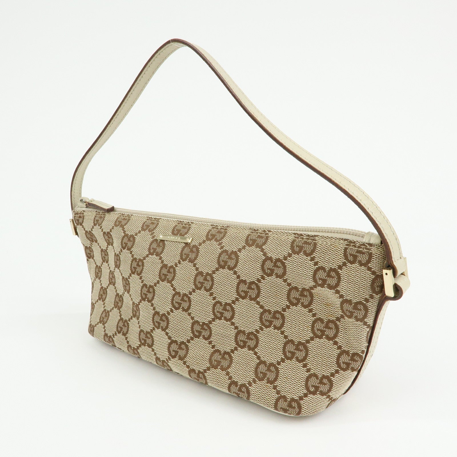 GUCCI Boat Bag GG Canvas Leather Hand Bag Pouch Brown Ivory 07198