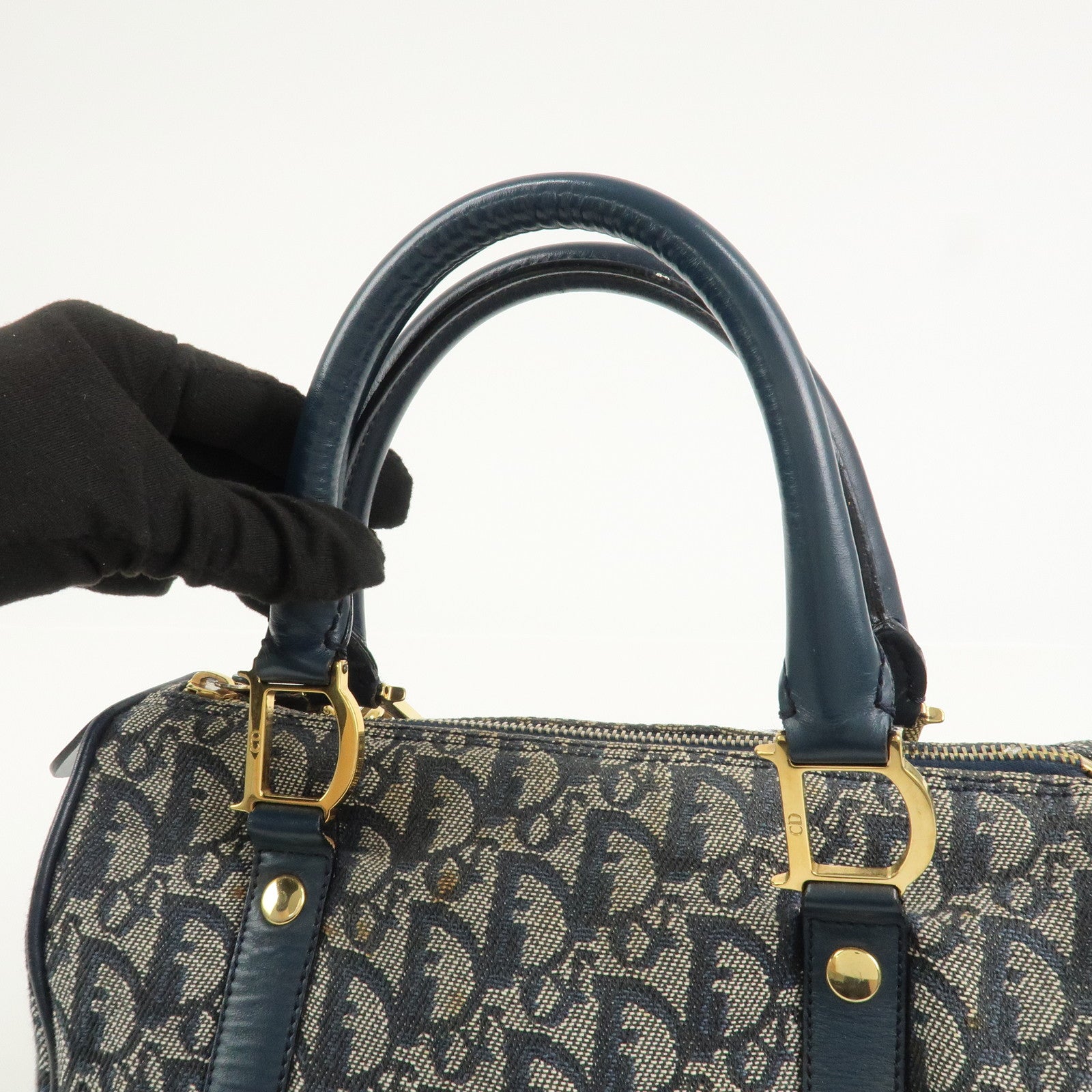 Christian Dior Oblique Canvas Leather Boston Bag Hand Bag Navy