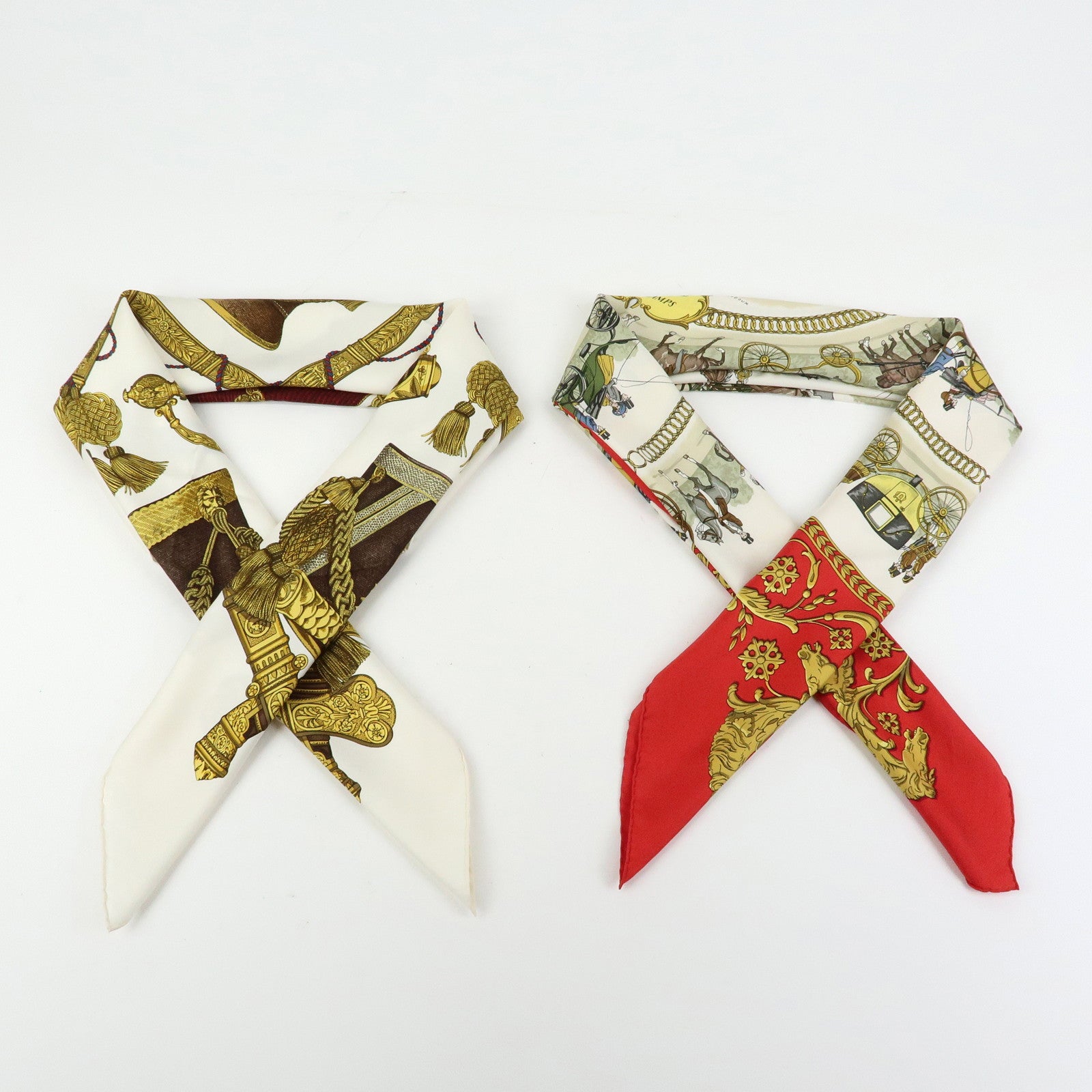 HERMES Carre 90 Set of 2 Silk 100% Scarf Gold Ivory Red