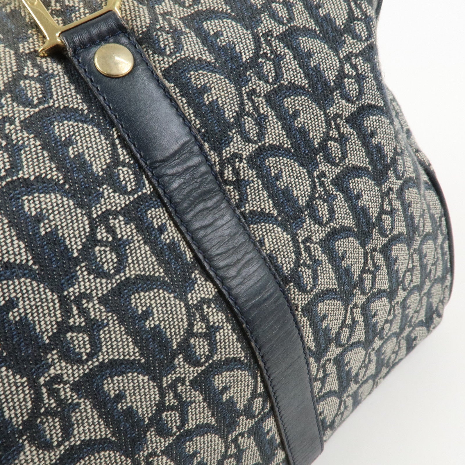 Christian Dior Trotter Jacquard Canvas Leather Boston Hand Bag Navy