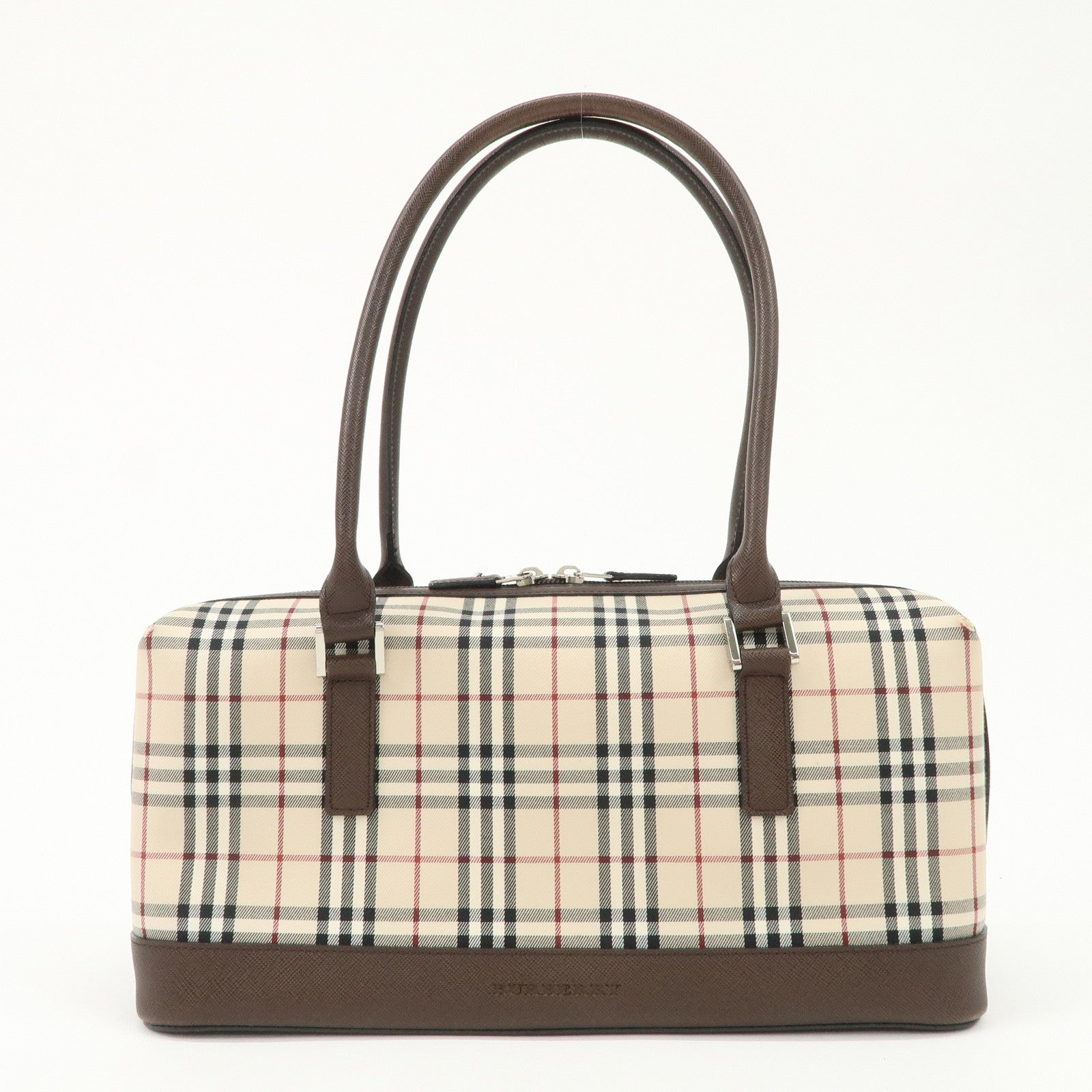 BURBERRY Leather Canvas Boston Bag Hand Bag Nova Plaid Brown Used