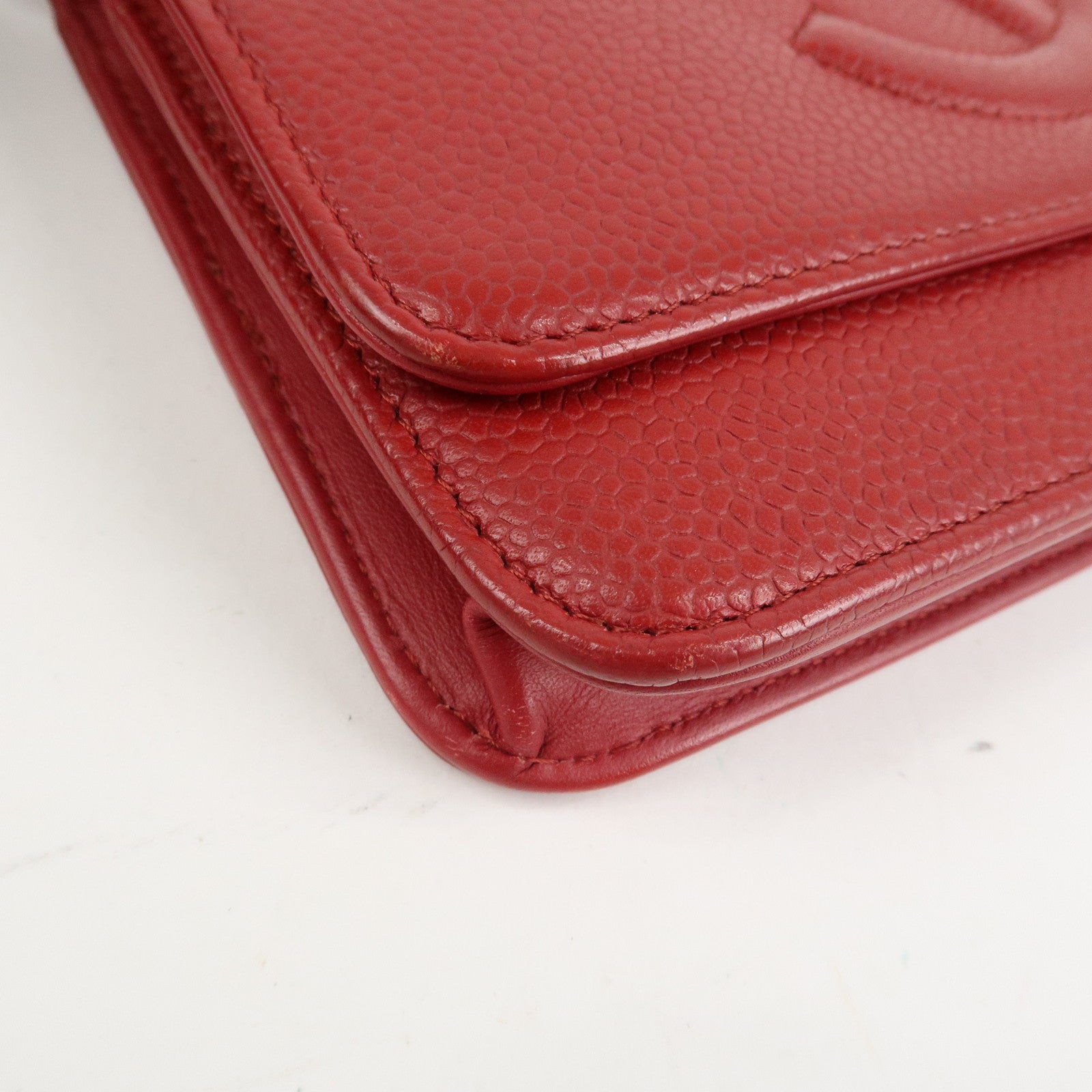 CHANEL COCO Mark Caviarskin Chain Shoulder Bag Wallet Red A48654