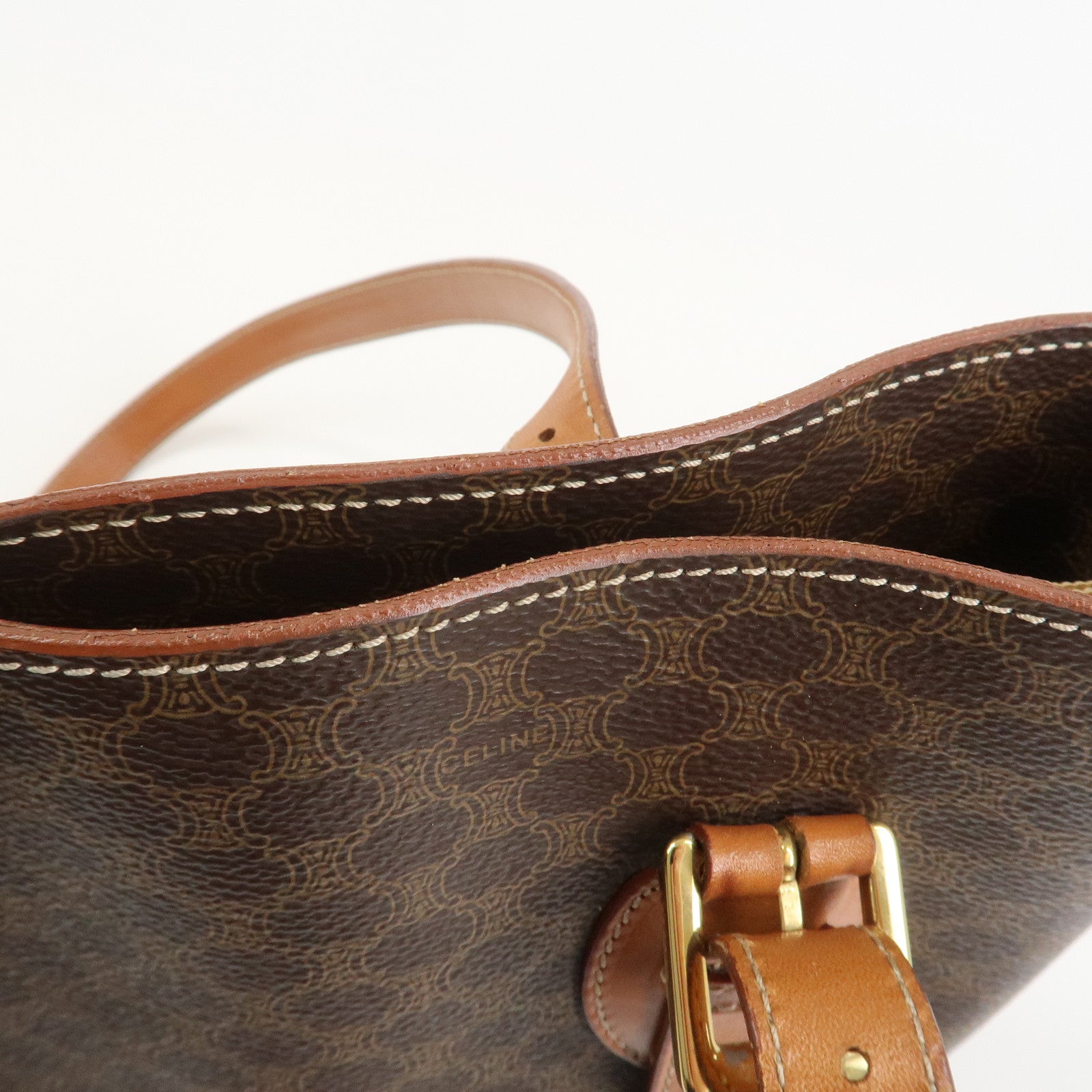 CELINE Macadam PVC Canvas Leather Tote Bag Hand Bag Brown