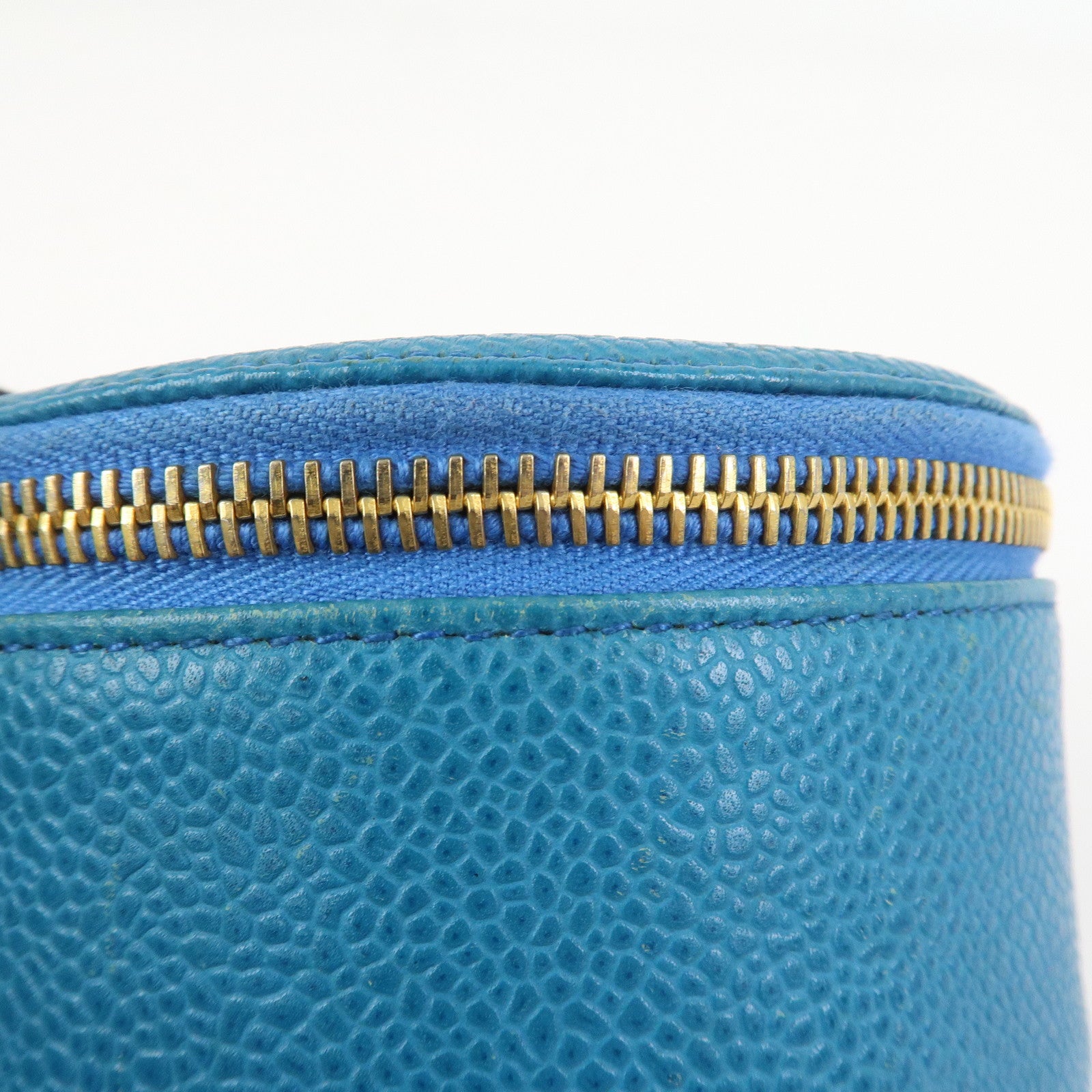 CHANEL COCO Mark Caviarskin Round Cosmetic Pouch Blue Gold