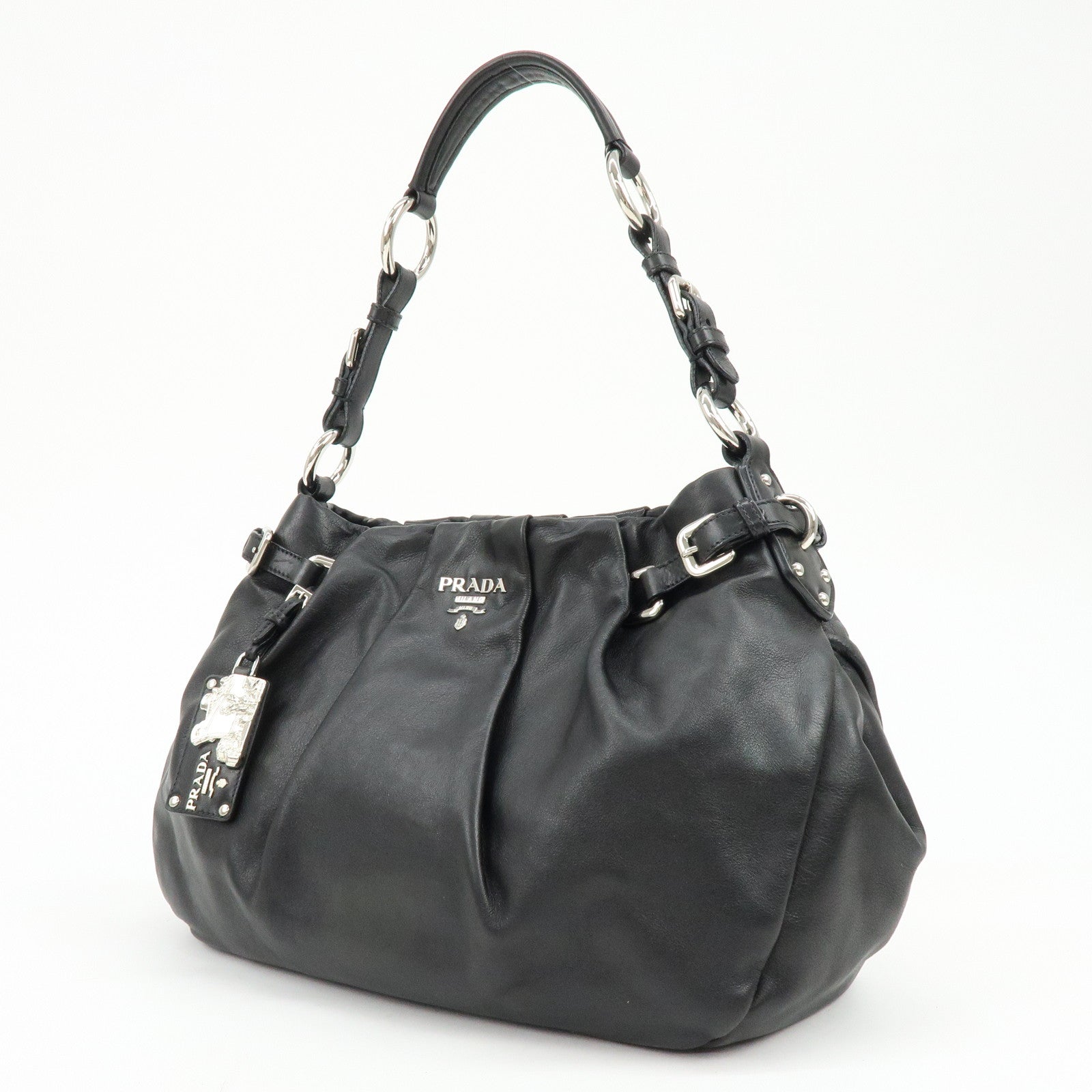 PRADA Logo Soft Calf Leather Side Belted Shoulder Bag Black BR3975