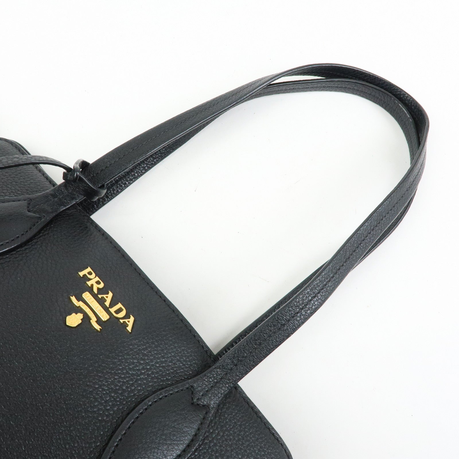 PRADA Logo Grain Calf Leather Tote Bag Shoulder Bag Black 1BG112
