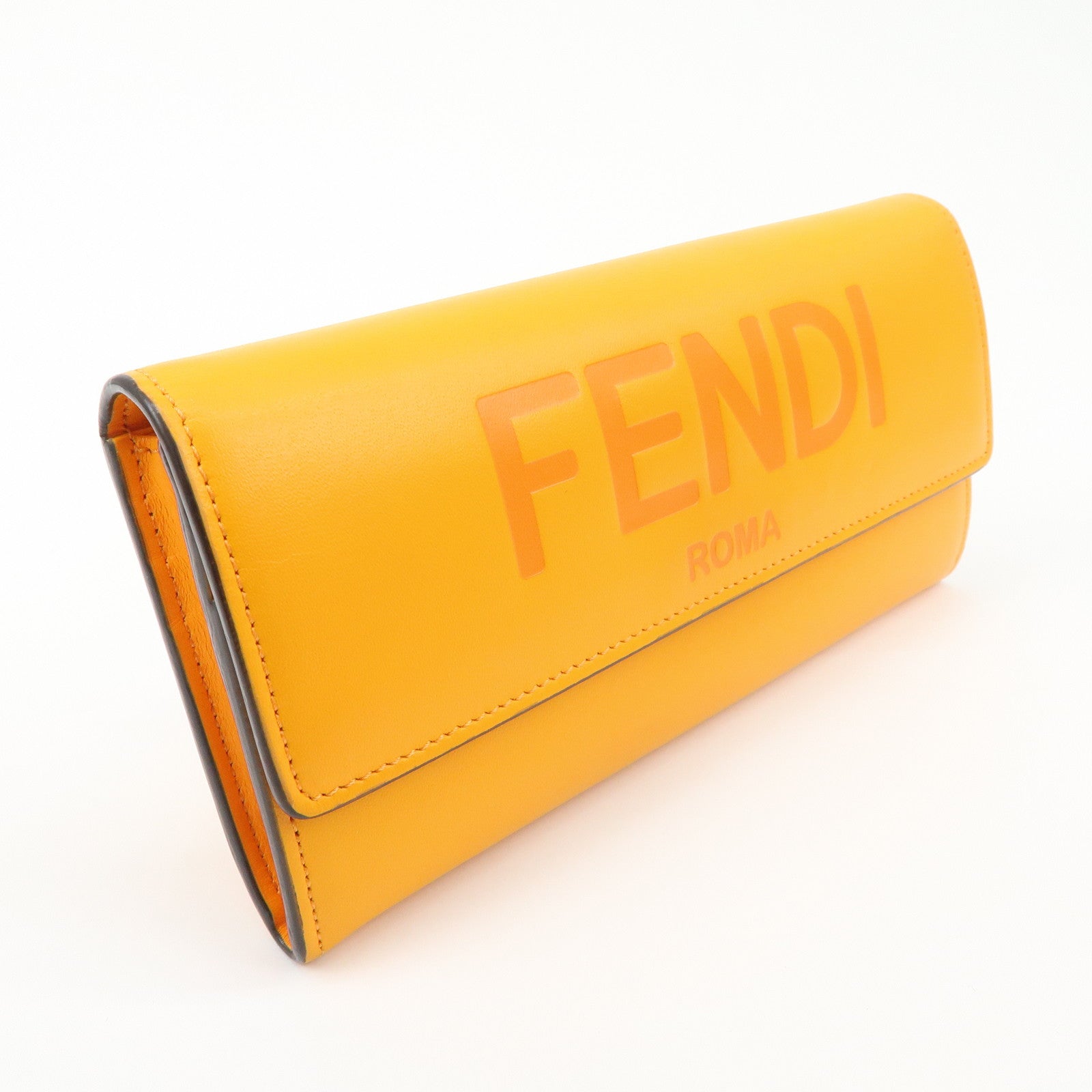 FENDI Logo Leather Long Wallet Orange Gold HDW 8M0251
