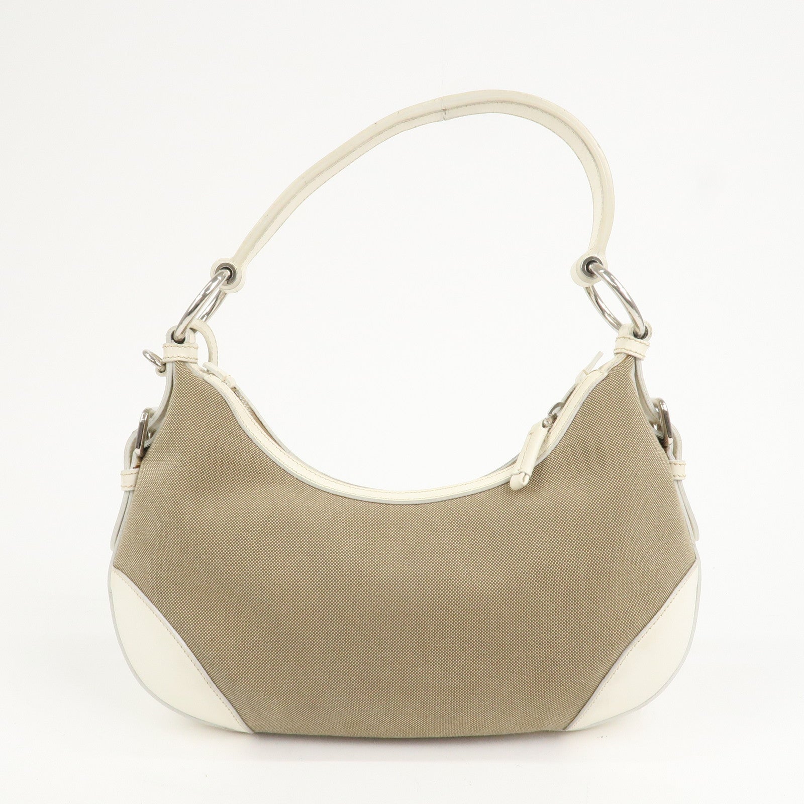 PRADA Logo Canvas Leather Shoulder Bag Hand Bag Beige White BR3429