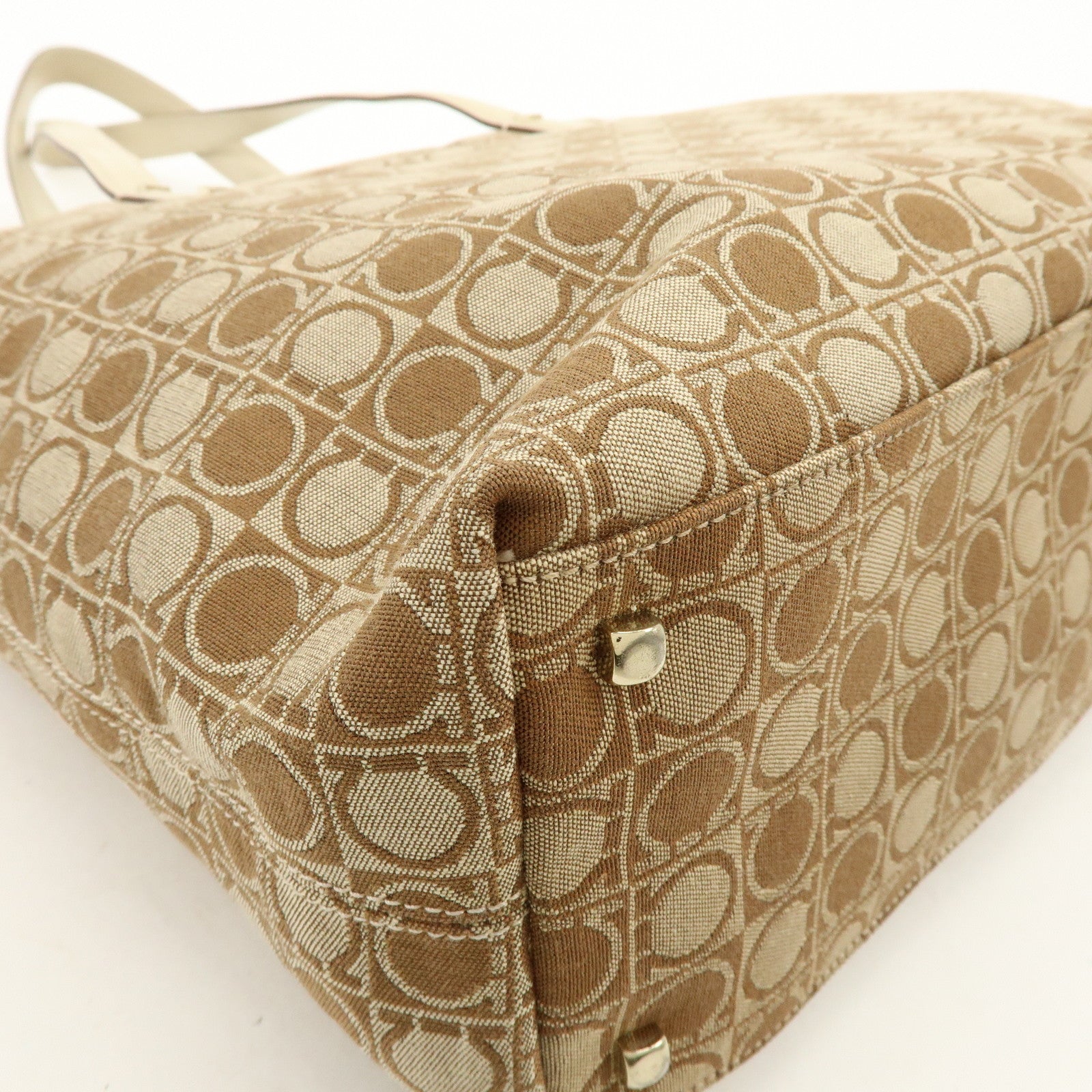 Ferragamo Gancini Canvas Leather Tote Bag Hand Bag Brown Beige