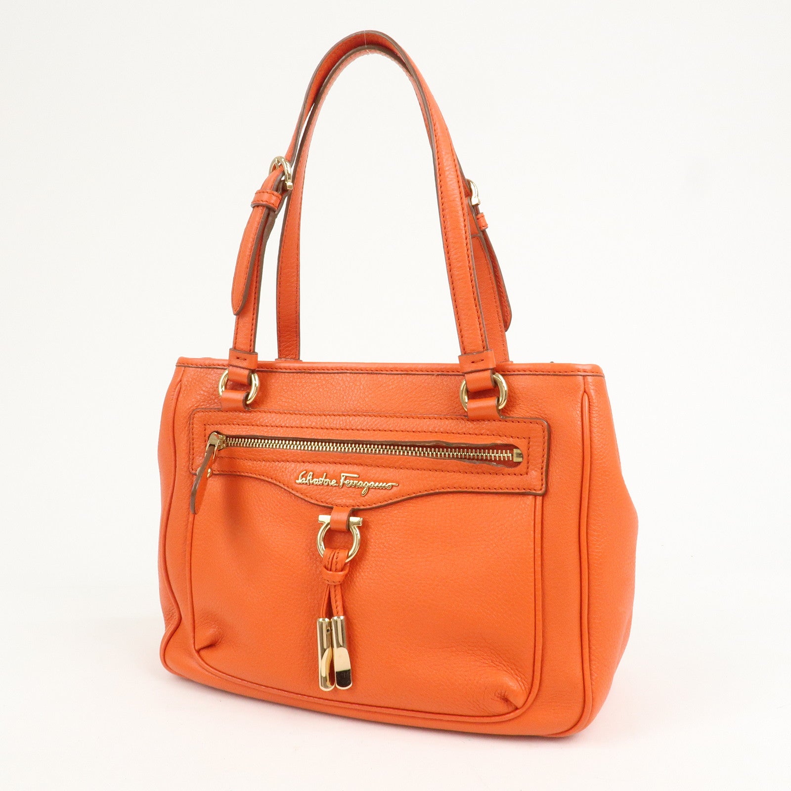 Ferragamo Gancini Leather Hand Bag Orange Gold HDW